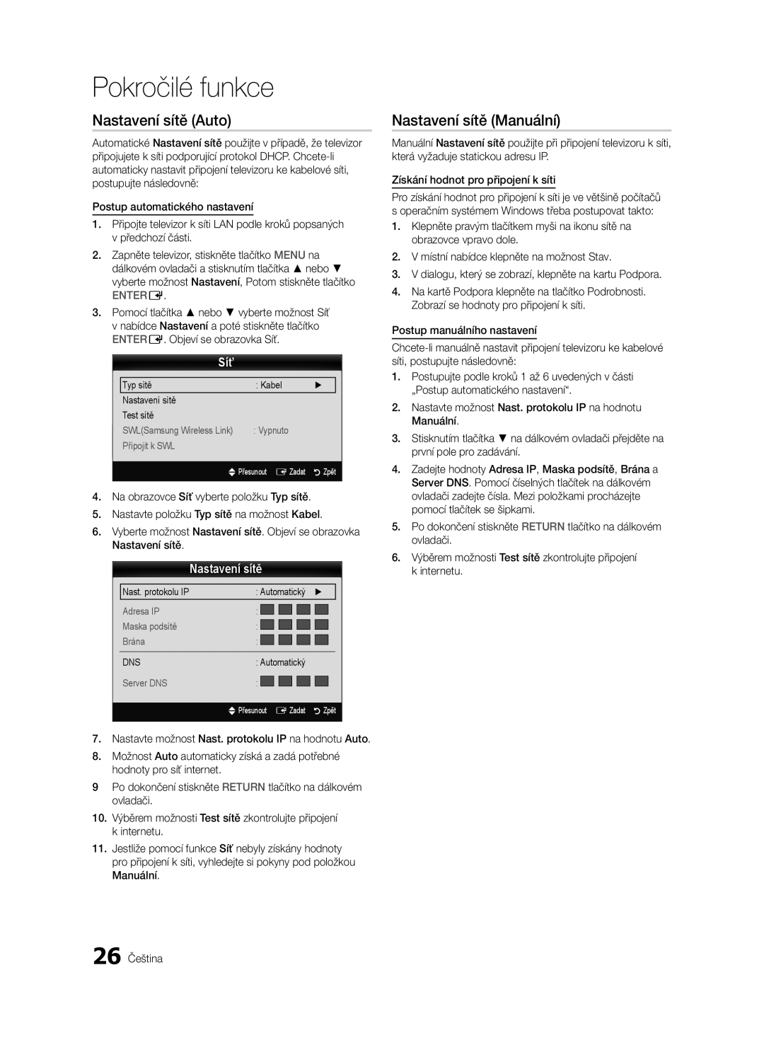 Samsung UE37C6000RWXXH manual Nastavení sítě Auto, Nastavení sítě Manuální, Síť, Typ sítě Kabel Nastavení sítě Test sítě 