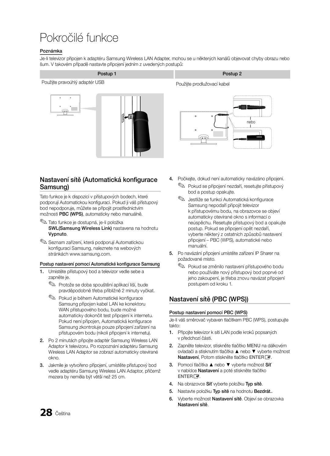 Samsung UE55C6000RWXXN, UE37C6000RWXXN Nastavení sítě Automatická konfigurace Samsung, Nastavení sítě PBC WPS, 28 Čeština 