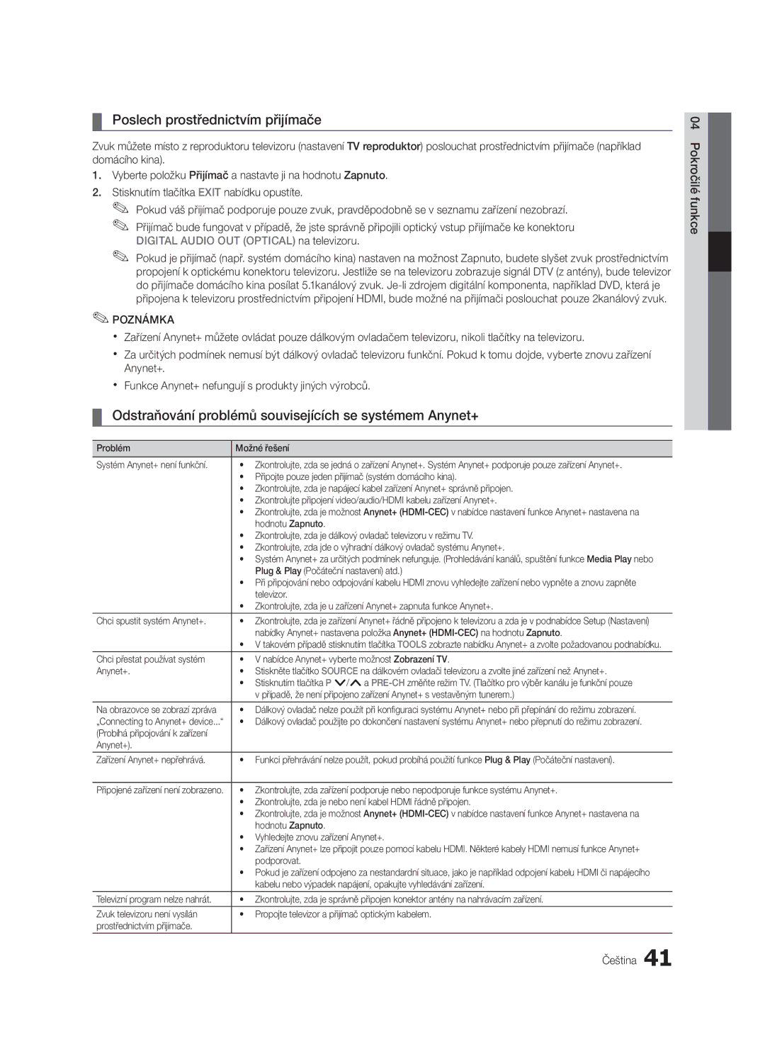 Samsung UE55C6000RWXXH manual Poslech prostřednictvím přijímače, Odstraňování problémů souvisejících se systémem Anynet+ 