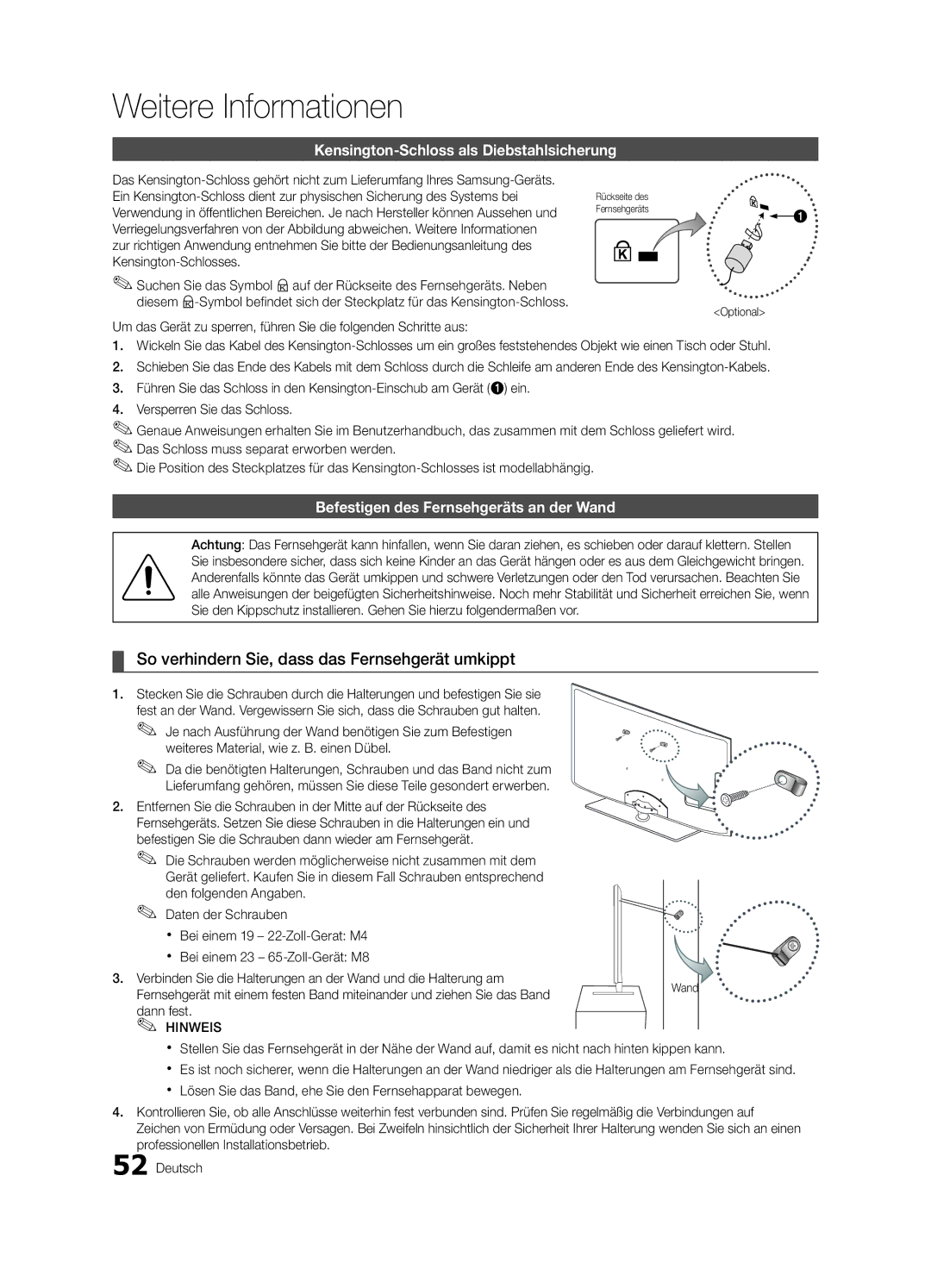 Samsung UE32C6620UWXBT manual So verhindern Sie, dass das Fernsehgerät umkippt, Kensington-Schloss als Diebstahlsicherung 