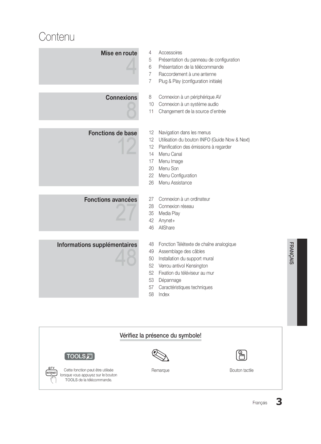 Samsung UE32C6710USXXN, UE37C6200RSXZG, UE46C6200RSXZG, UE32C6000RWXXN Contenu, Vérifiez la présence du symbole, Remarque 