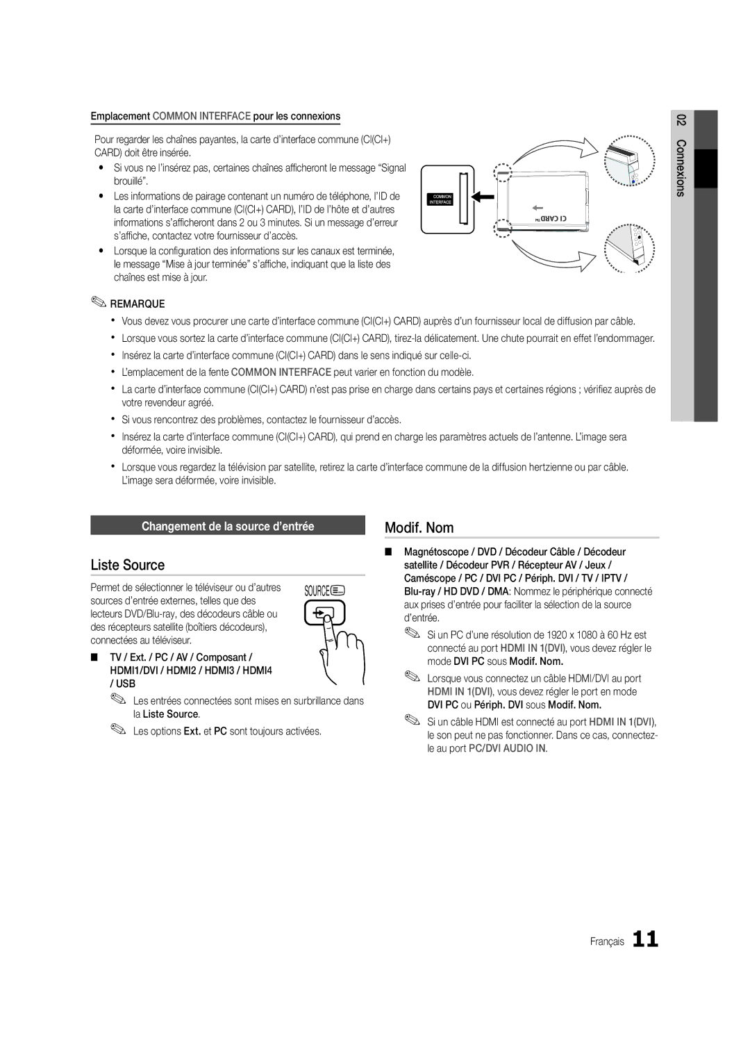 Samsung UE32C6530UWXXC, UE37C6200RSXZG, UE46C6200RSXZG manual Liste Source, Modif. Nom, Changement de la source d’entrée 