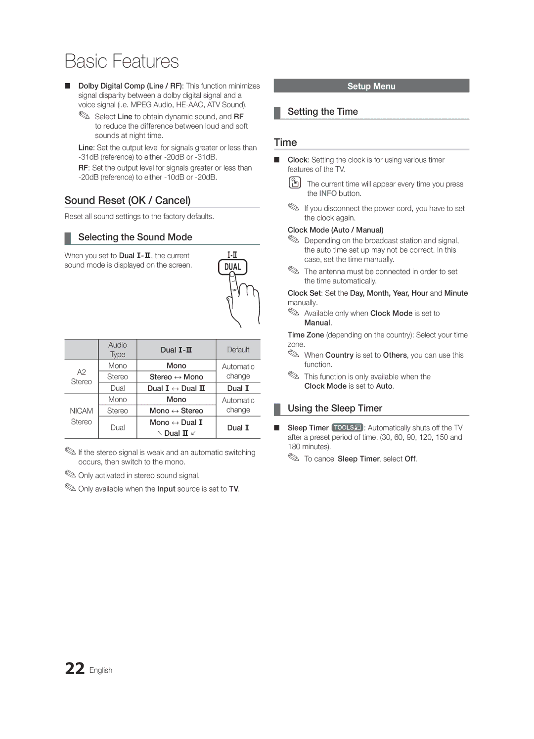 Samsung UE32C6005RWXXE, UE37C6200RSXZG Sound Reset OK / Cancel, Setting the Time, Using the Sleep Timer, Setup Menu 