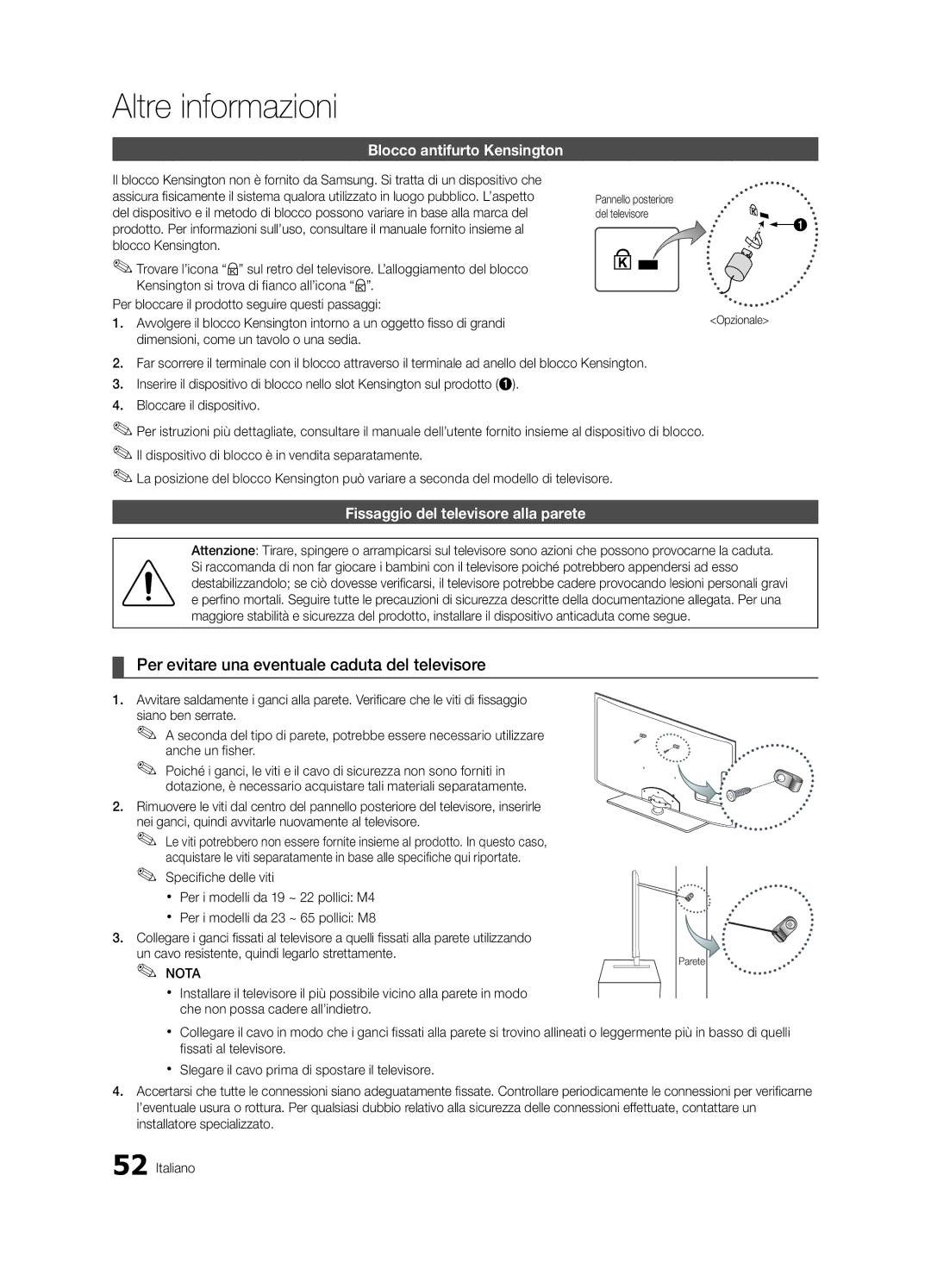 Samsung UE32C6620UWXBT manual Per evitare una eventuale caduta del televisore, Blocco antifurto Kensington, Opzionale 