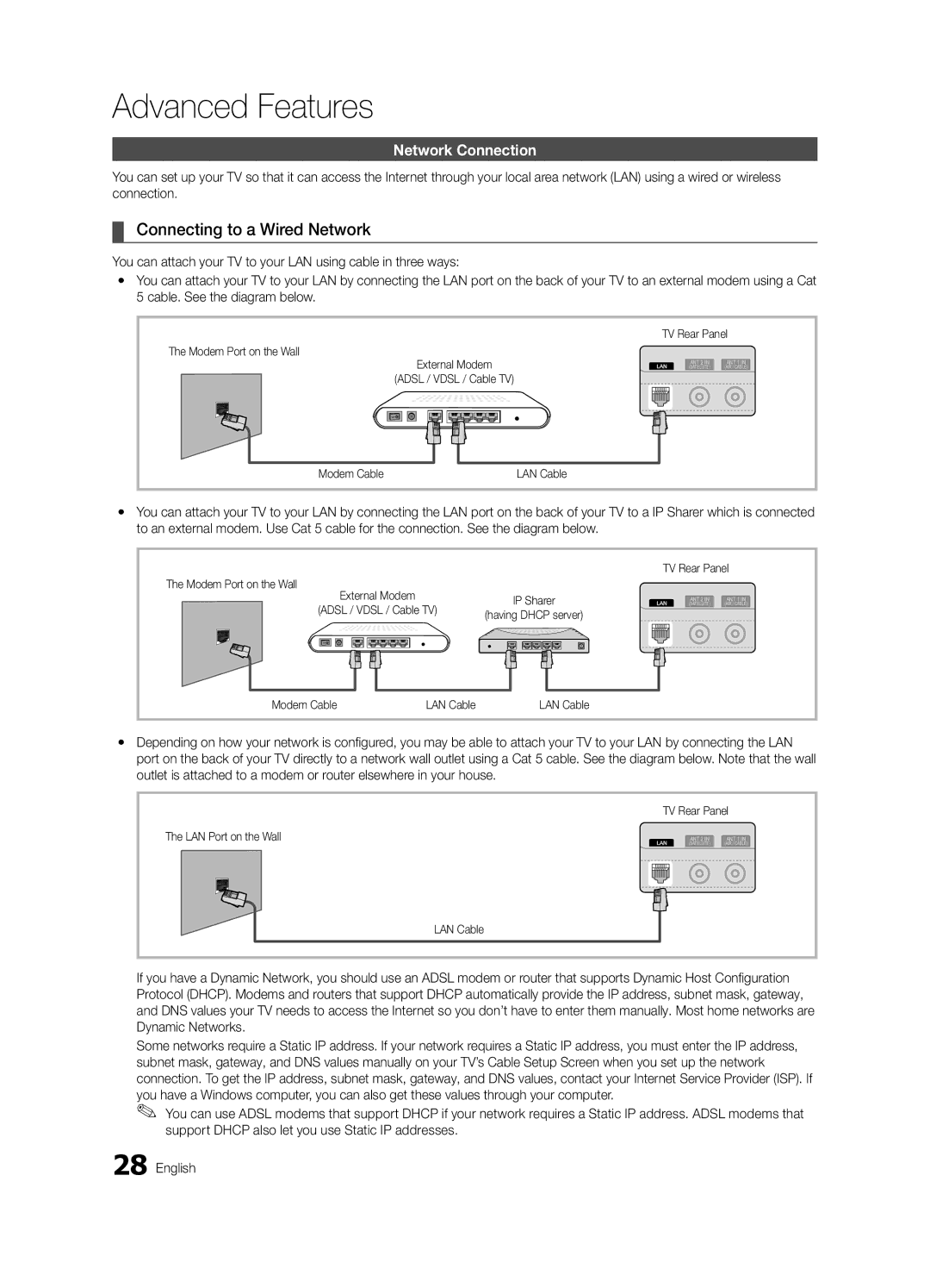 Samsung UE32C6880USXZG Connecting to a Wired Network, Network Connection, Modem Port on the Wall, Modem Cable LAN Cable 