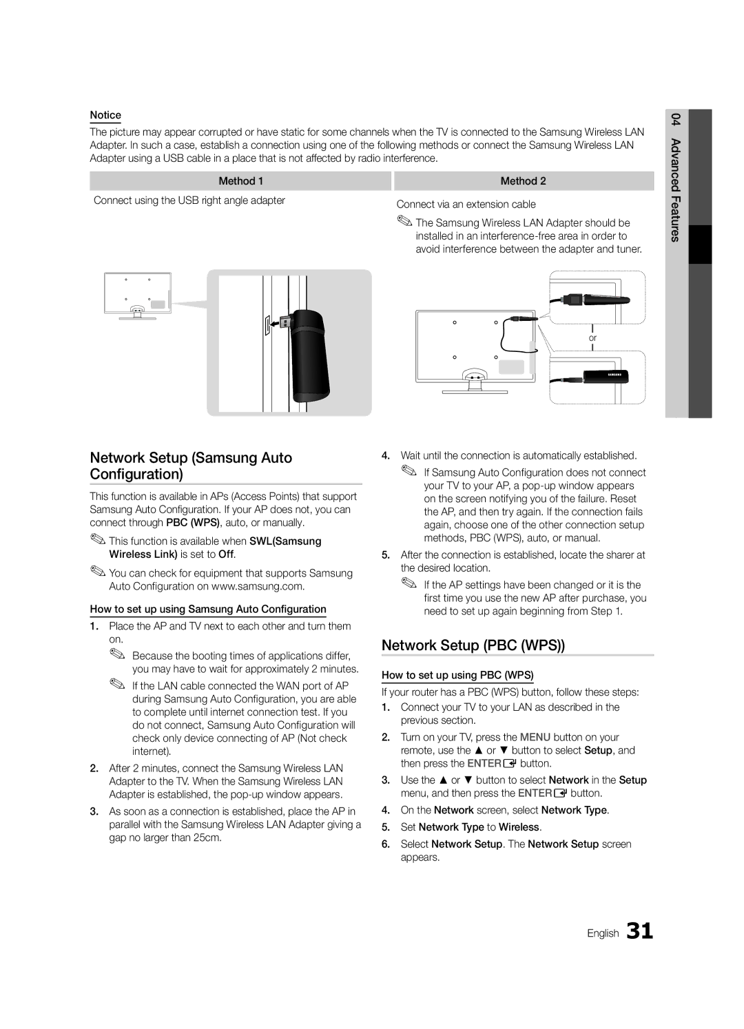 Samsung UE32C6000RWXXN, UE37C6200RSXZG Network Setup Samsung Auto Configuration, Network Setup PBC WPS, Desired location 