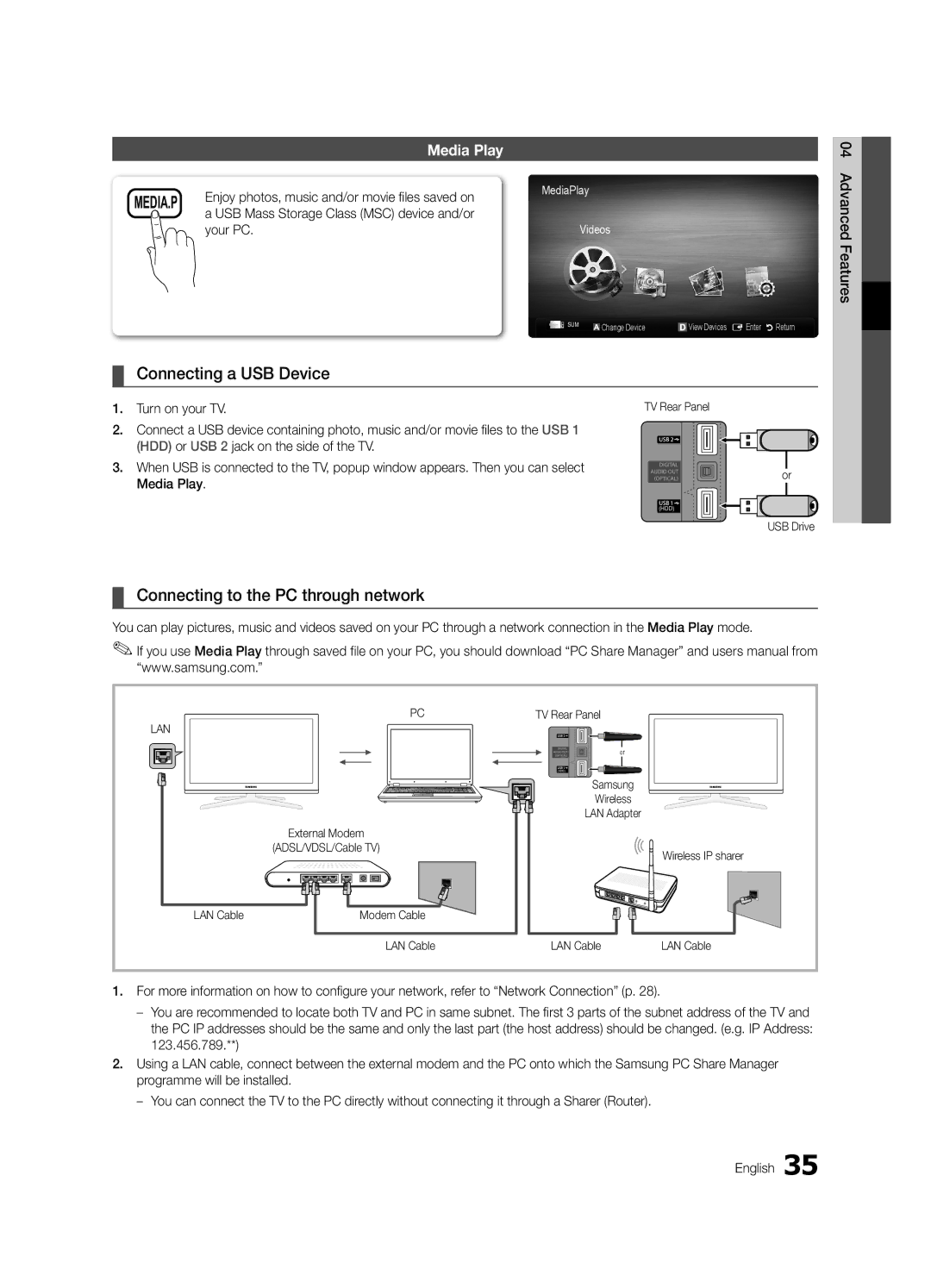 Samsung UE32C6000RWXZG, UE37C6200RSXZG Connecting a USB Device, Connecting to the PC through network, Media Play, Your PC 