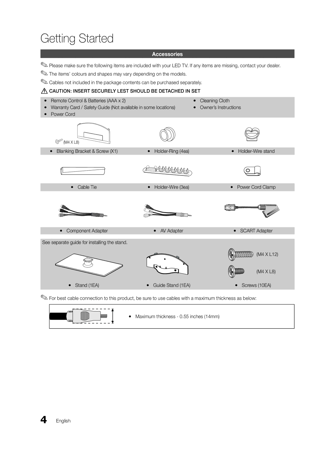 Samsung UE32C6200RSXZG manual Getting Started, Accessories, Yy Blanking Bracket & Screw, Yy Cable Tie Yy Holder-Wire 3ea 