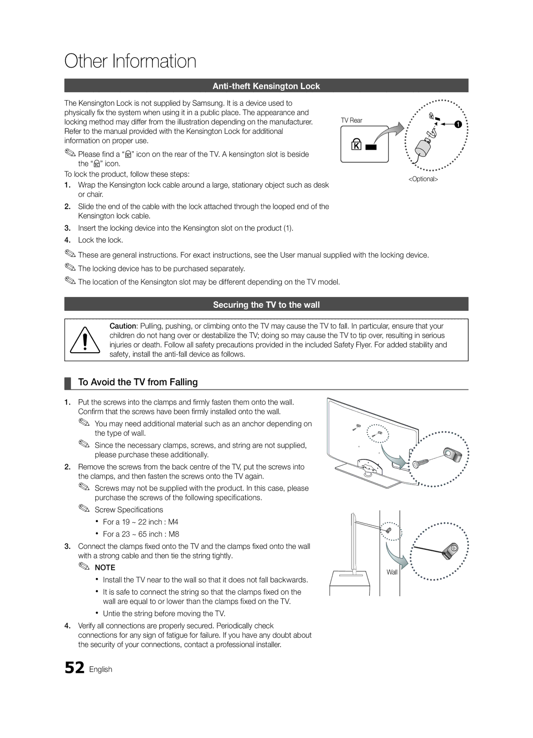 Samsung UE32C6620UWXBT To Avoid the TV from Falling, Anti-theft Kensington Lock, Securing the TV to the wall, Or chair 