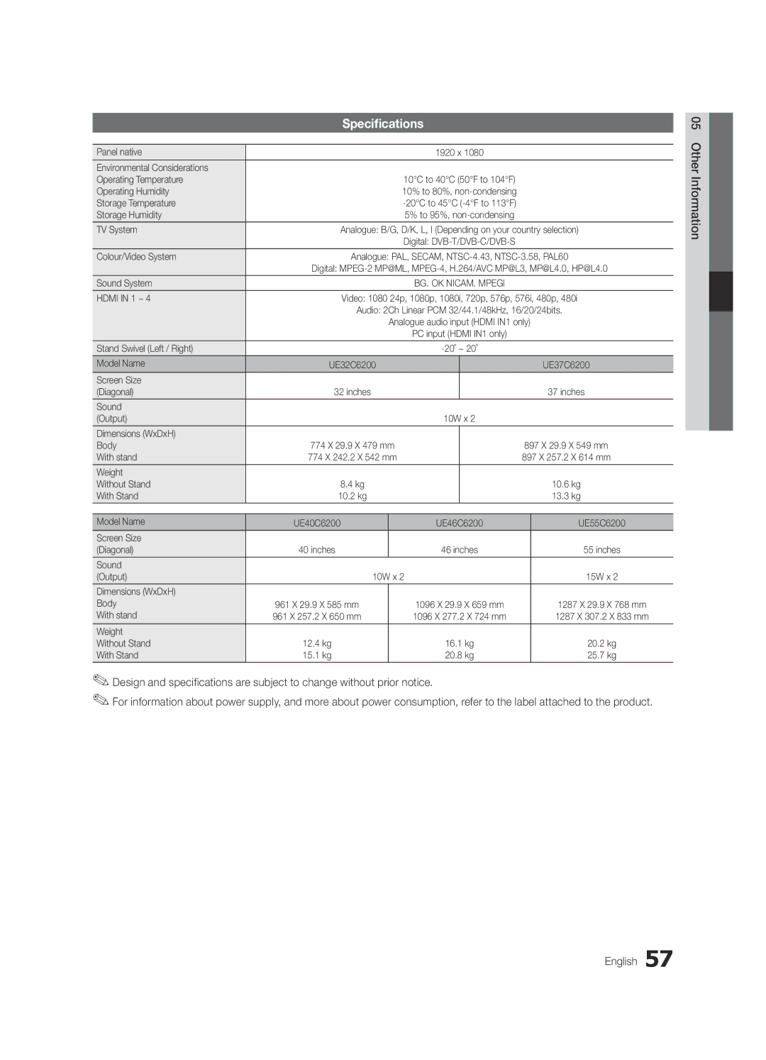 Samsung UE32C6880USXZG, UE37C6200RSXZG, UE46C6200RSXZG, UE32C6000RWXXN, UE32C6710USXXN, UE32C6200RSXZG manual Specifications 