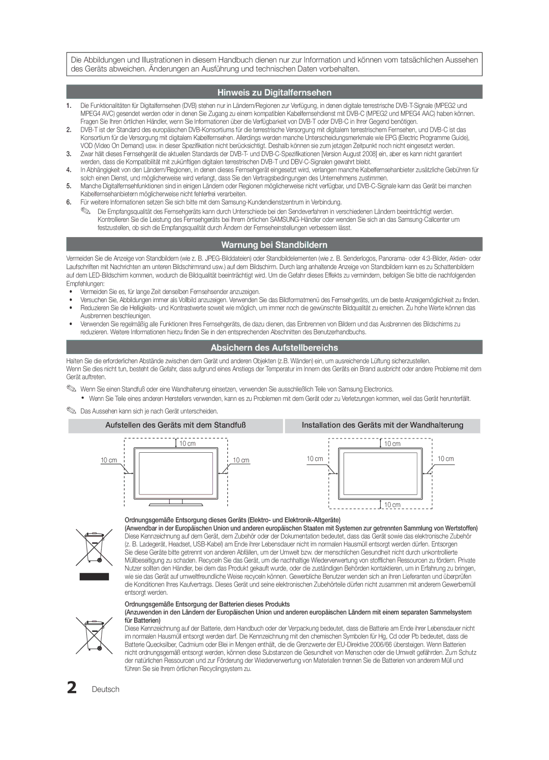 Samsung UE32C6000RWXXN, UE37C6200RSXZG Absichern des Aufstellbereichs, Aufstellen des Geräts mit dem Standfuß, Deutsch 