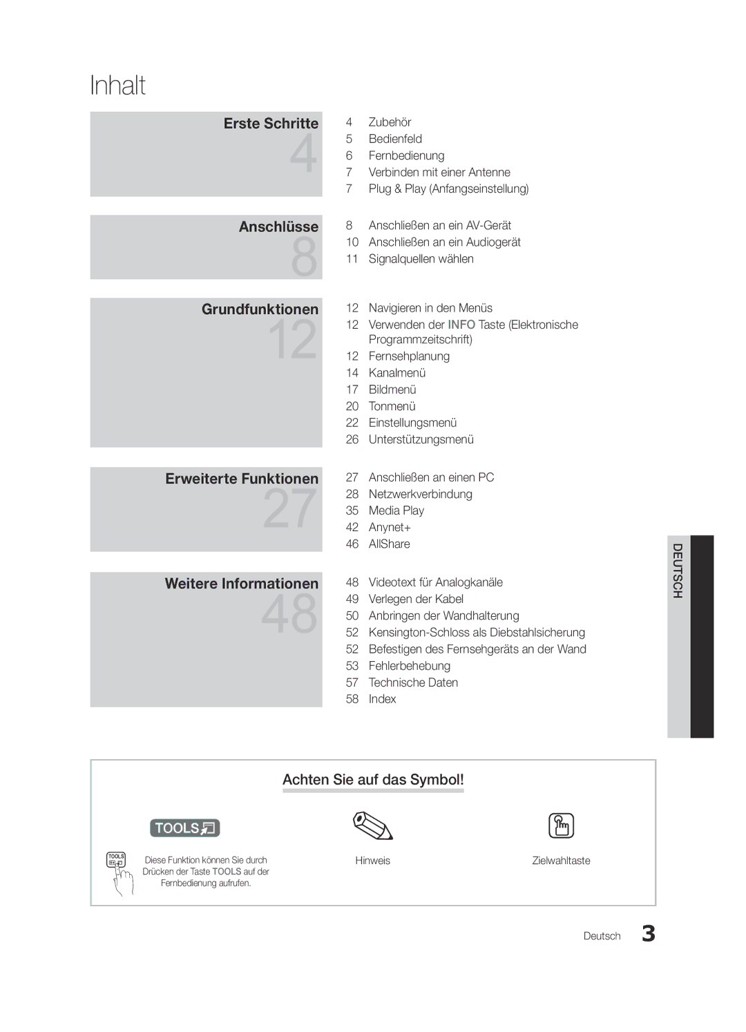 Samsung UE32C6710USXXN, UE37C6200RSXZG, UE46C6200RSXZG manual Inhalt, Achten Sie auf das Symbol, Hinweis, Zielwahltaste 