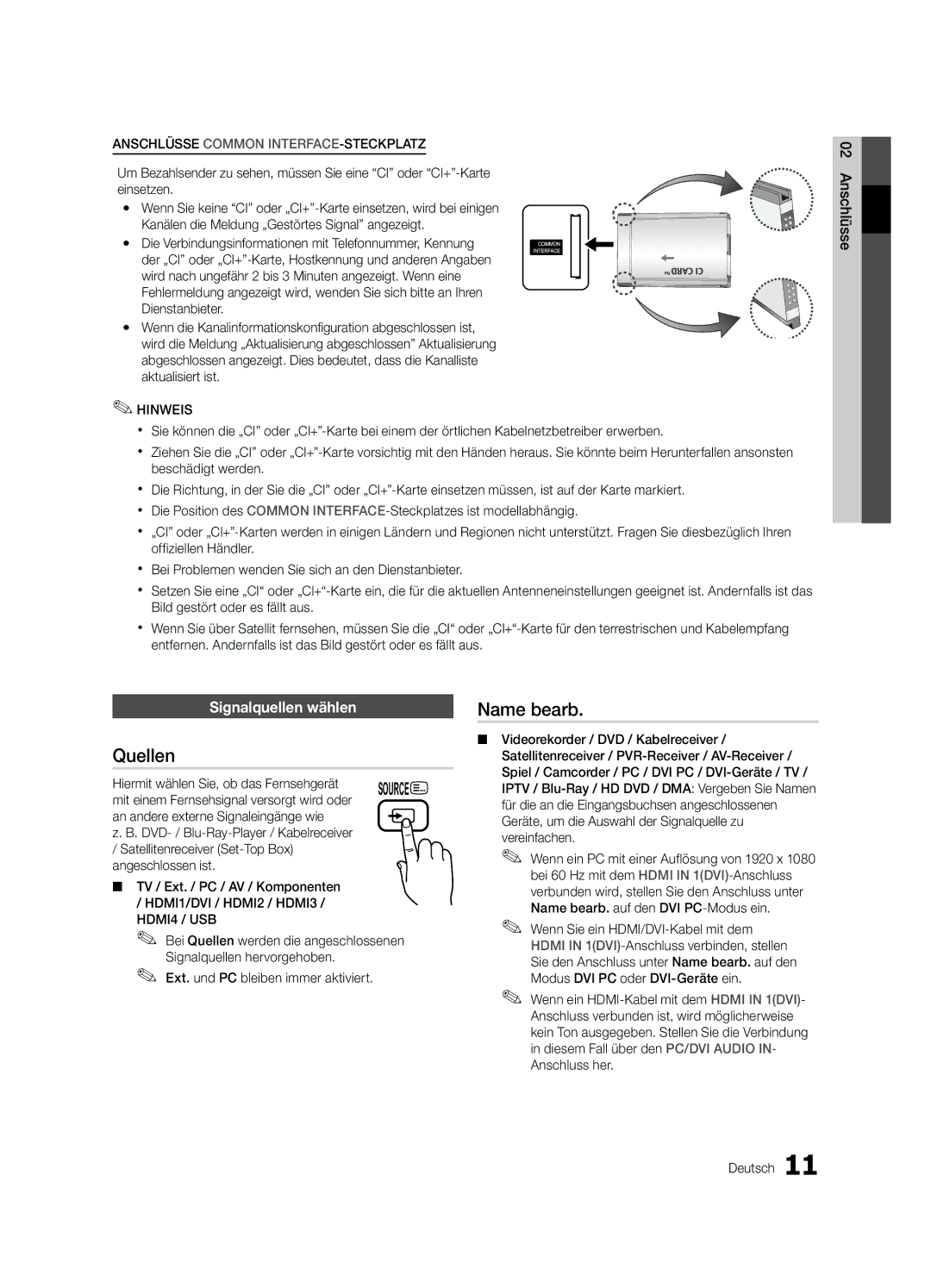 Samsung UE32C6530UWXXC, UE37C6200RSXZG, UE46C6200RSXZG, UE32C6000RWXXN manual Quellen, Name bearb, Signalquellen wählen 