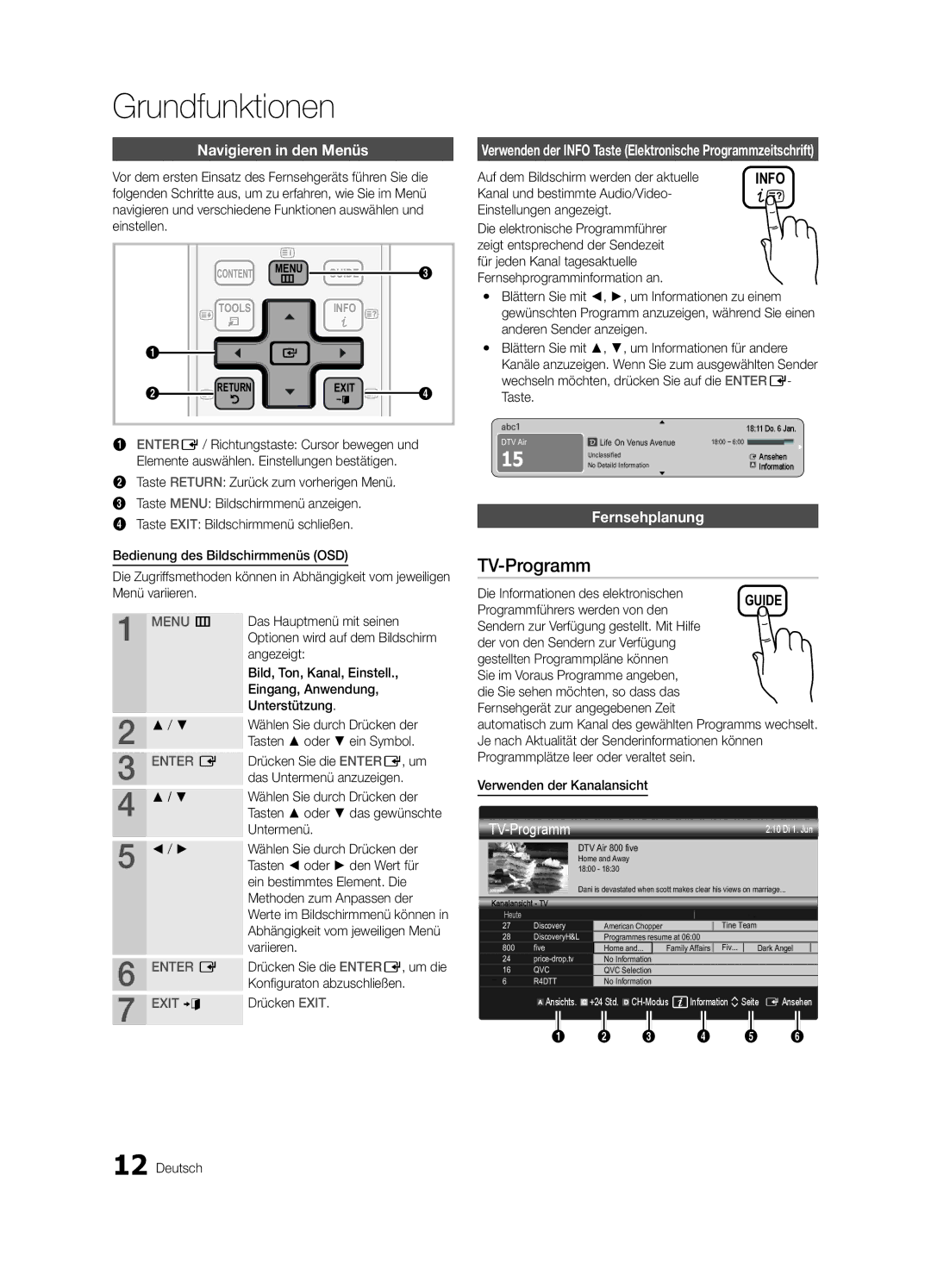 Samsung UE32C6620UWXXC, UE37C6200RSXZG manual Grundfunktionen, TV-Programm, Navigieren in den Menüs, Fernsehplanung 