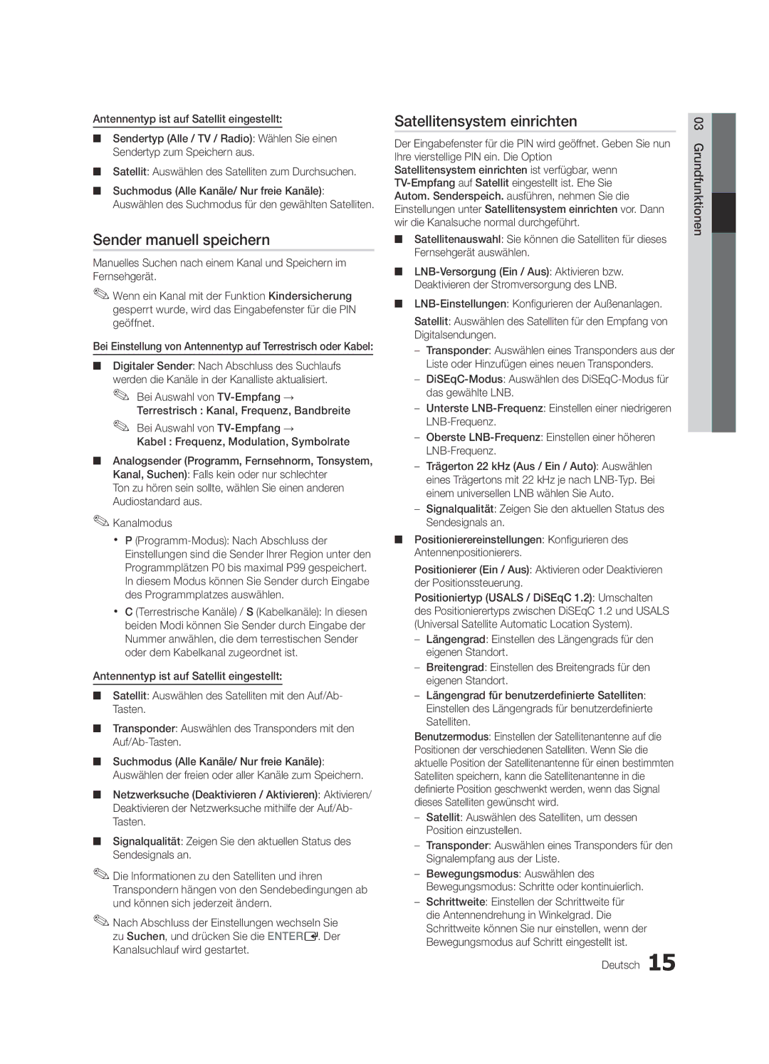 Samsung UE32C6500UWXXH, UE37C6200RSXZG manual Sender manuell speichern, Satellitensystem einrichten, Deutsch Grundfunktionen 