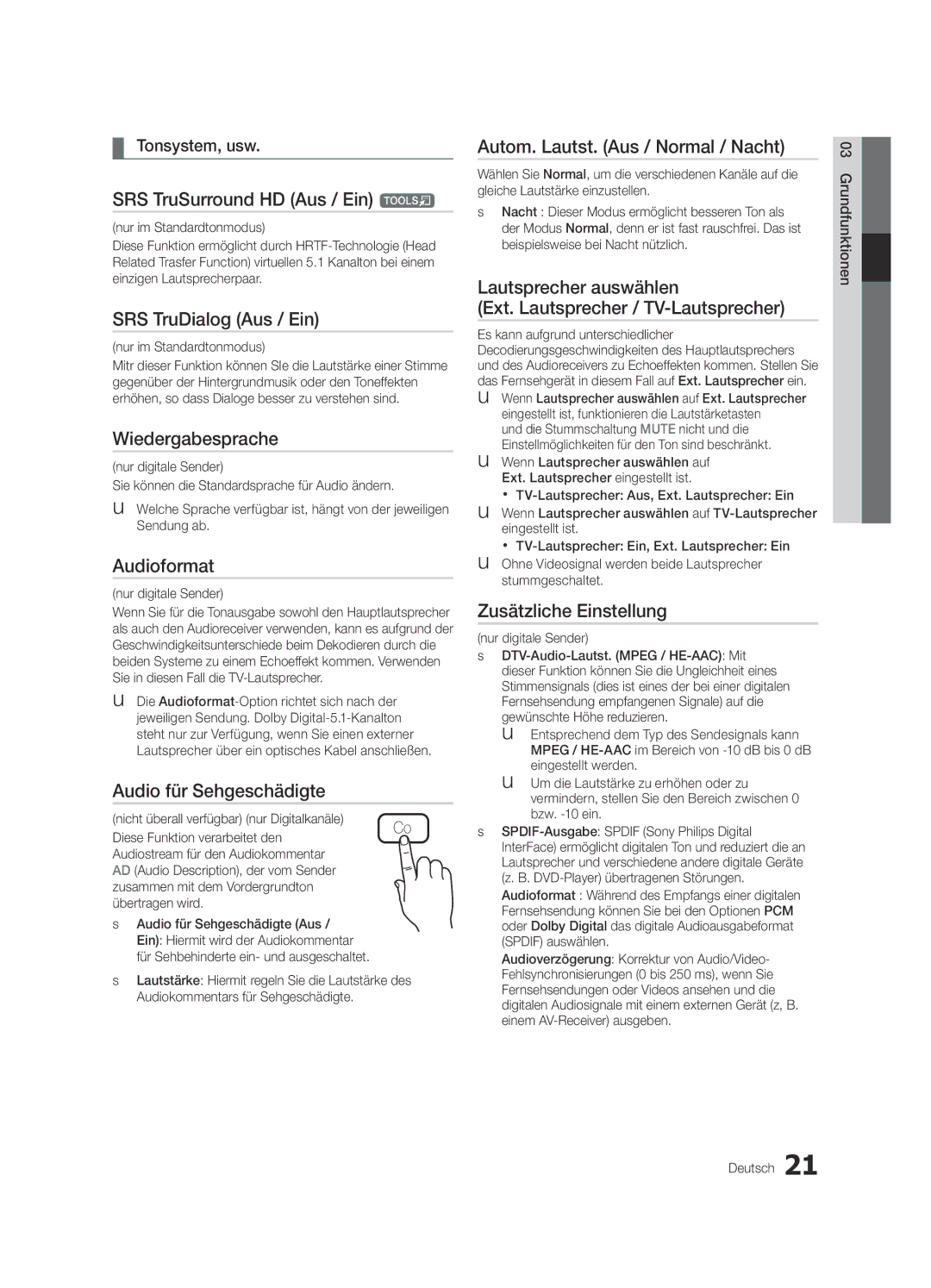 Samsung UE32C6620UWXXH manual SRS TruSurround HD Aus / Ein t, SRS TruDialog Aus / Ein, Wiedergabesprache, Audioformat 