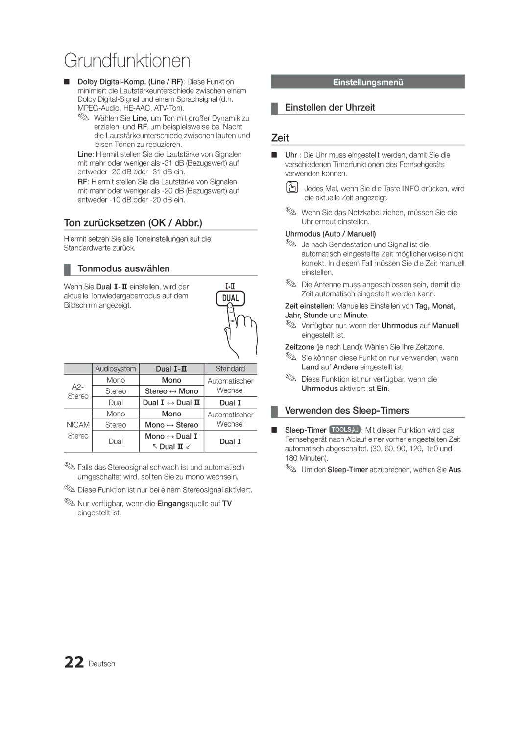 Samsung UE32C6005RWXXE, UE37C6200RSXZG manual Ton zurücksetzen OK / Abbr, Zeit, Tonmodus auswählen, Einstellen der Uhrzeit 