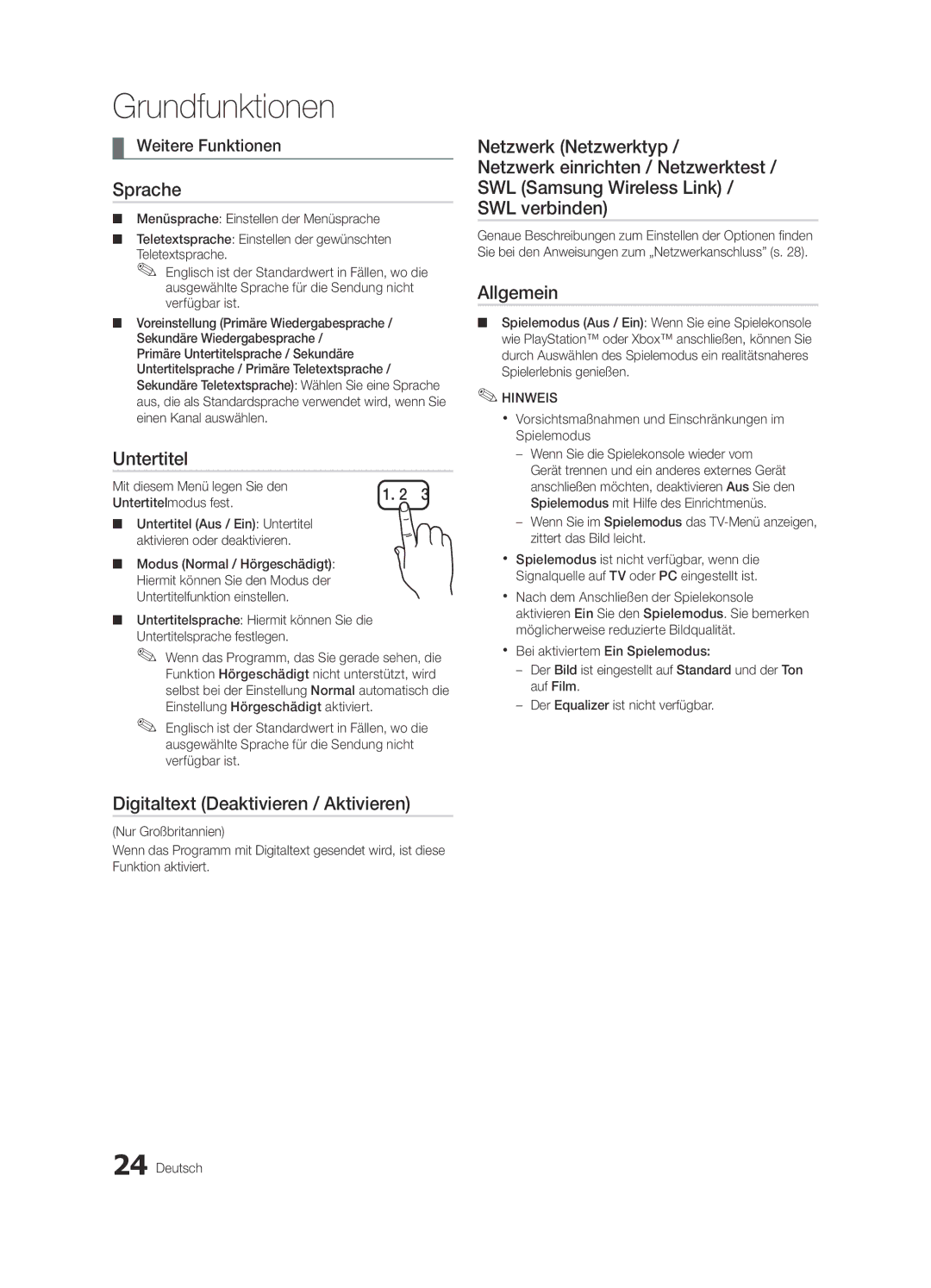 Samsung UE32C6510UWXBT, UE37C6200RSXZG manual Sprache, Untertitel, Digitaltext Deaktivieren / Aktivieren, Allgemein 