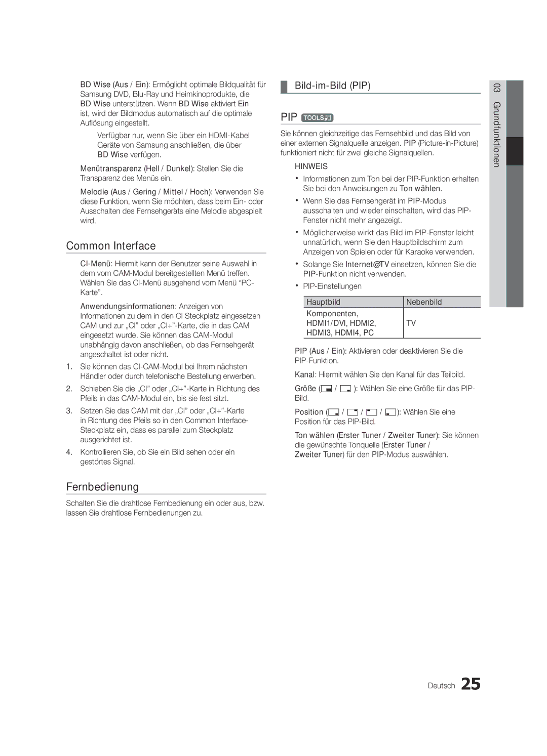 Samsung UE32C6000RWXBT, UE37C6200RSXZG, UE46C6200RSXZG, UE32C6000RWXXN, UE32C6710USXXN manual Fernbedienung, Bild-im-Bild PIP 