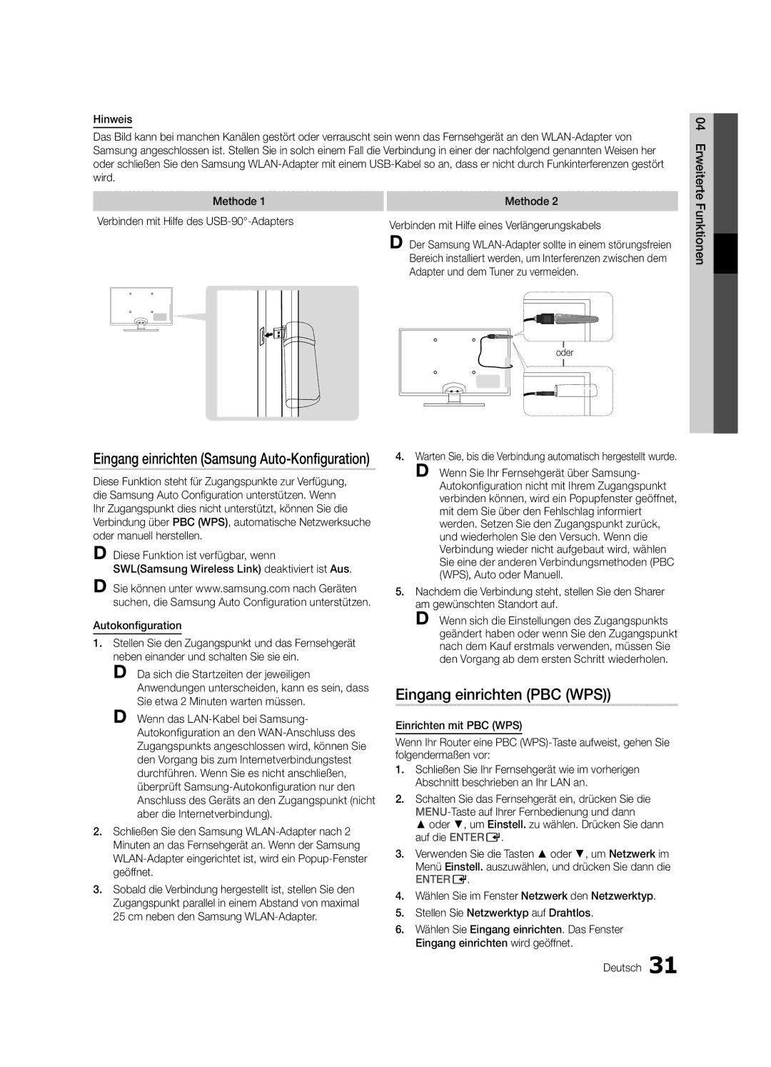 Samsung UE32C6000RWXXN Eingang einrichten Samsung Auto-Konfiguration, Eingang einrichten PBC WPS, Einrichten mit PBC WPS 