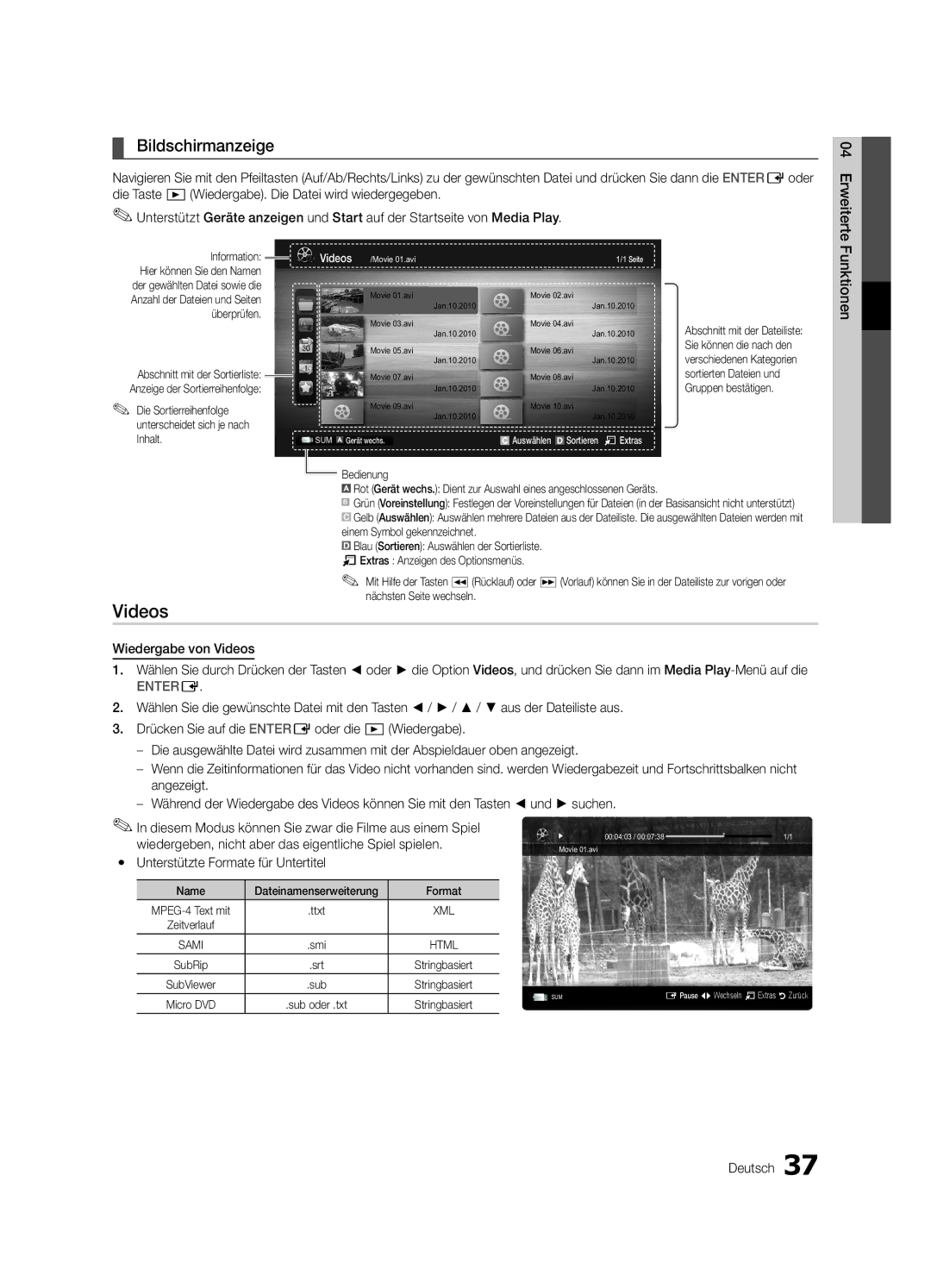 Samsung UE32C6710USXZG, UE37C6200RSXZG manual Bildschirmanzeige, Wiedergeben, nicht aber das eigentliche Spiel spielen 