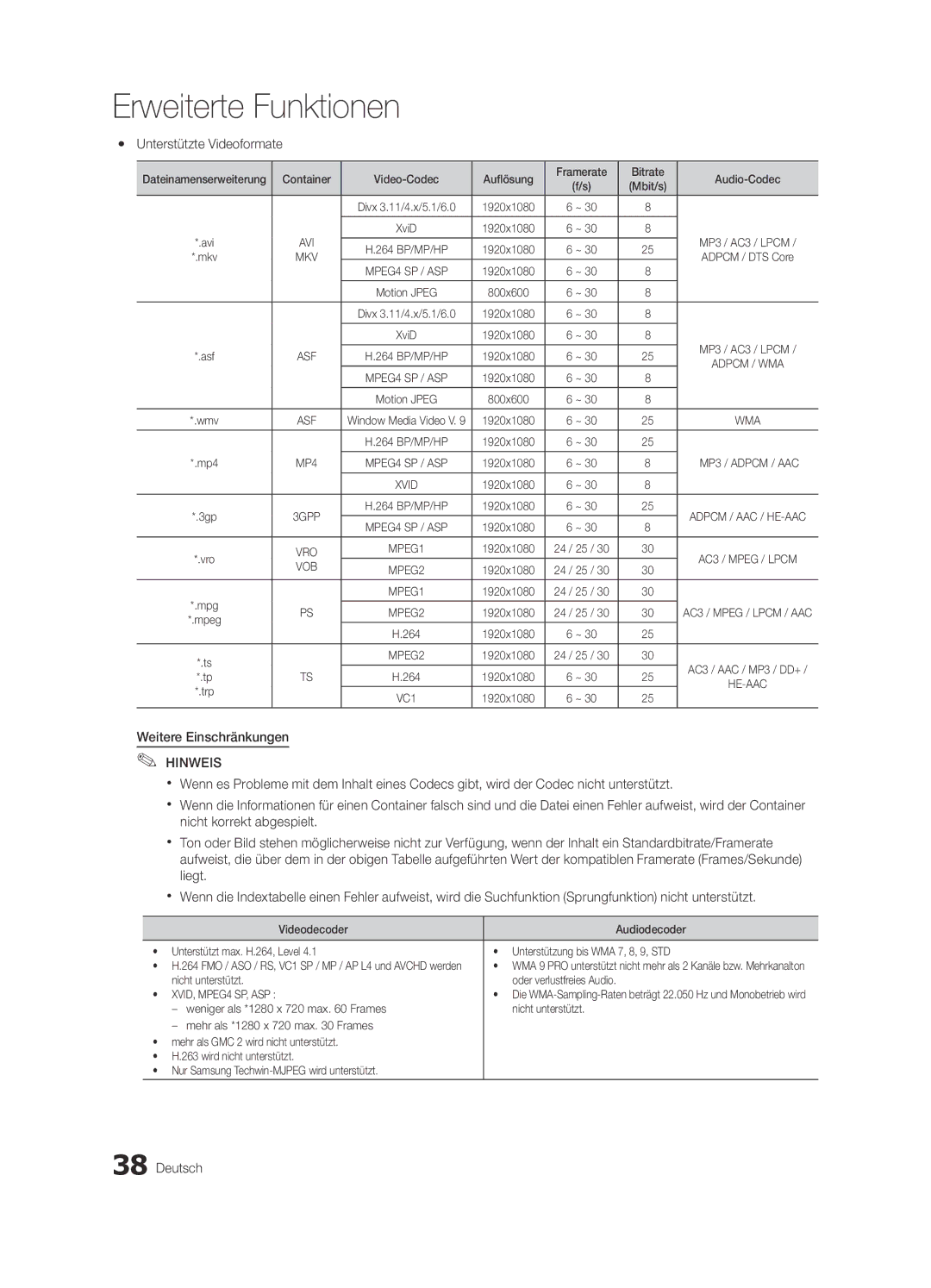 Samsung UE32C6500UWXXC Yy Unterstützte Videoformate, Weitere Einschränkungen, Nicht unterstützt Oder verlustfreies Audio 