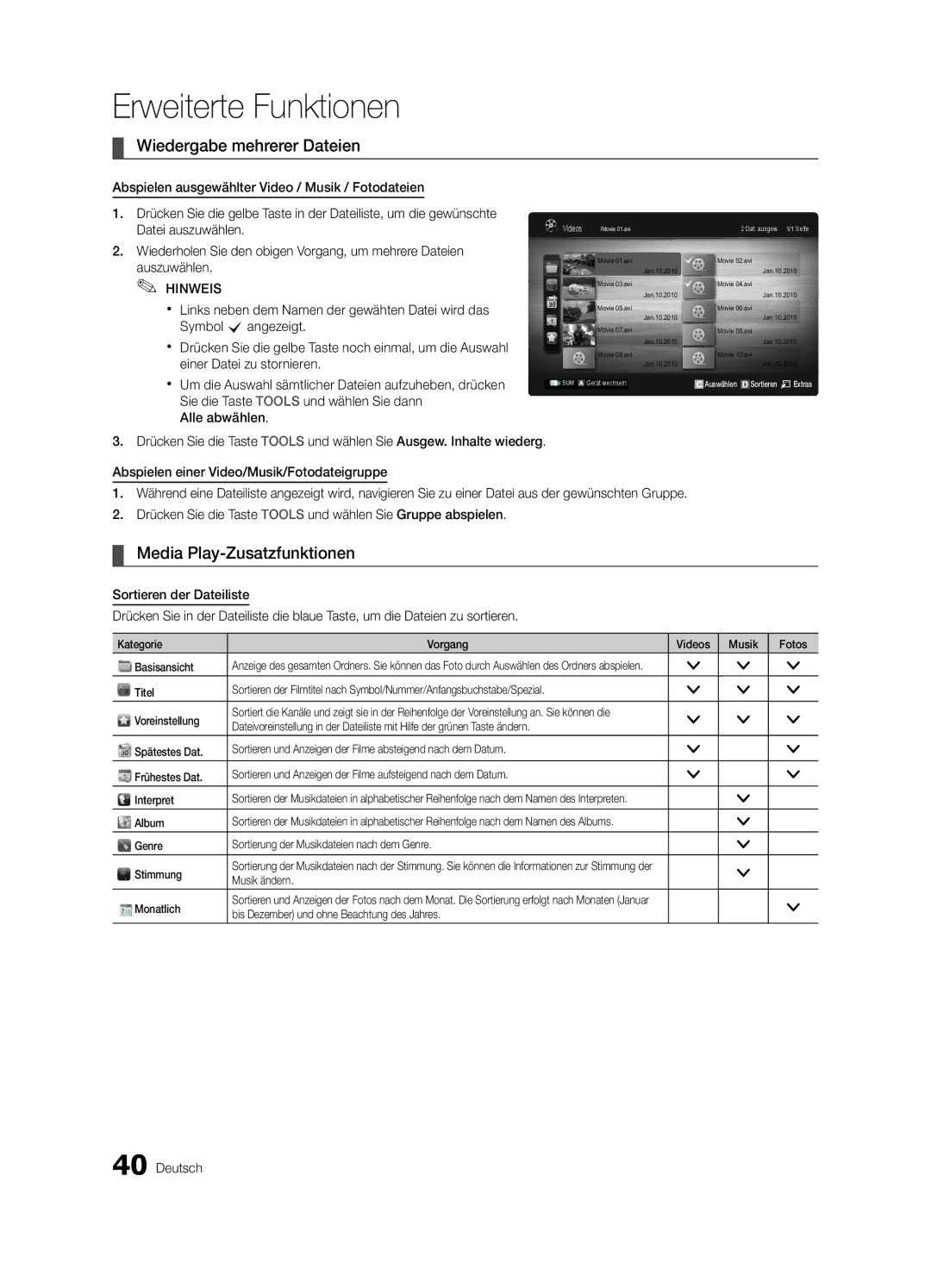 Samsung UE32C6530UWXXC, UE37C6200RSXZG, UE46C6200RSXZG manual Wiedergabe mehrerer Dateien, Media Play-Zusatzfunktionen 