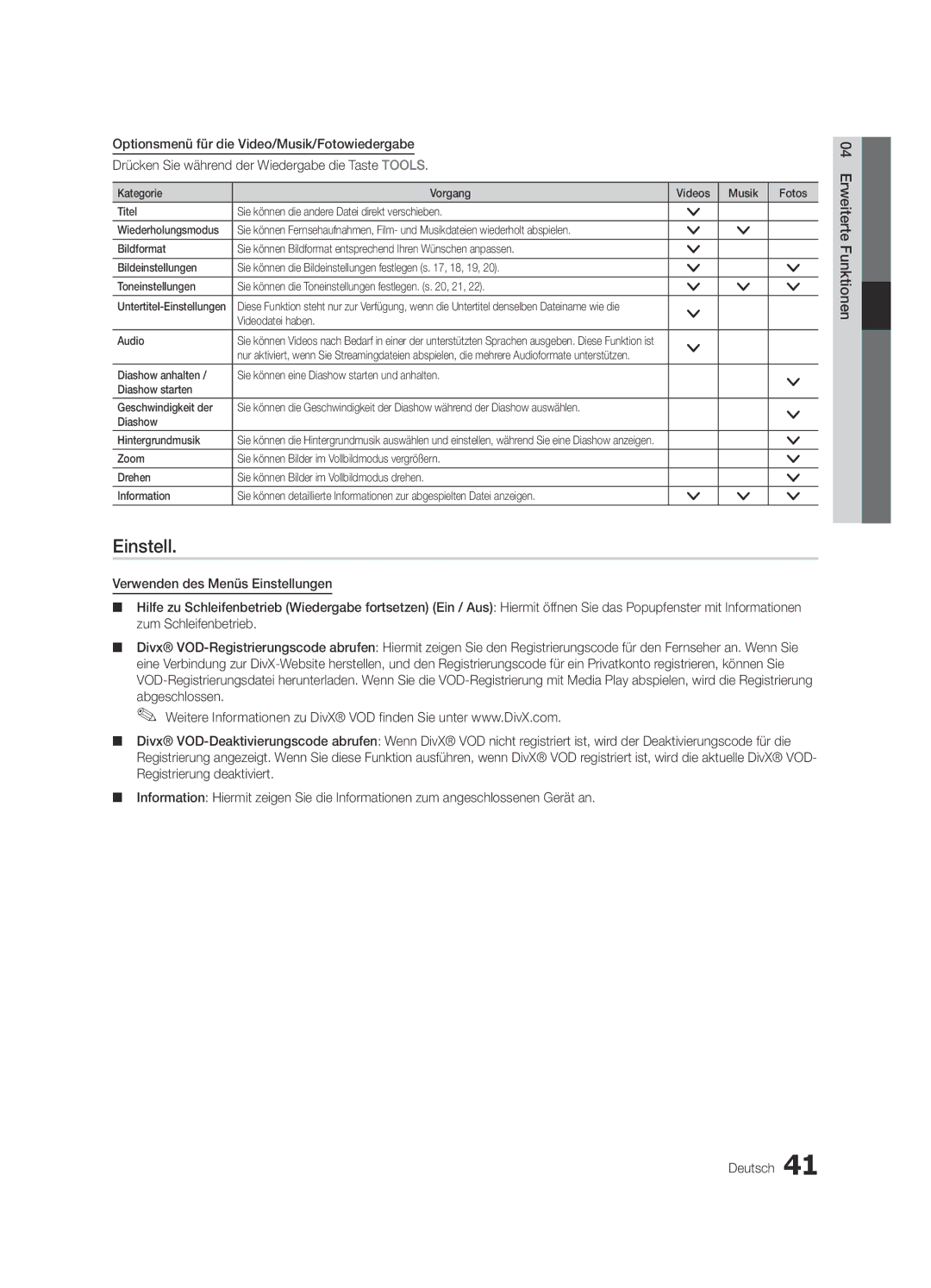 Samsung UE32C6620UWXXC, UE37C6200RSXZG, UE46C6200RSXZG, UE32C6000RWXXN, UE32C6710USXXN manual Einstell, Videodatei haben Audio 