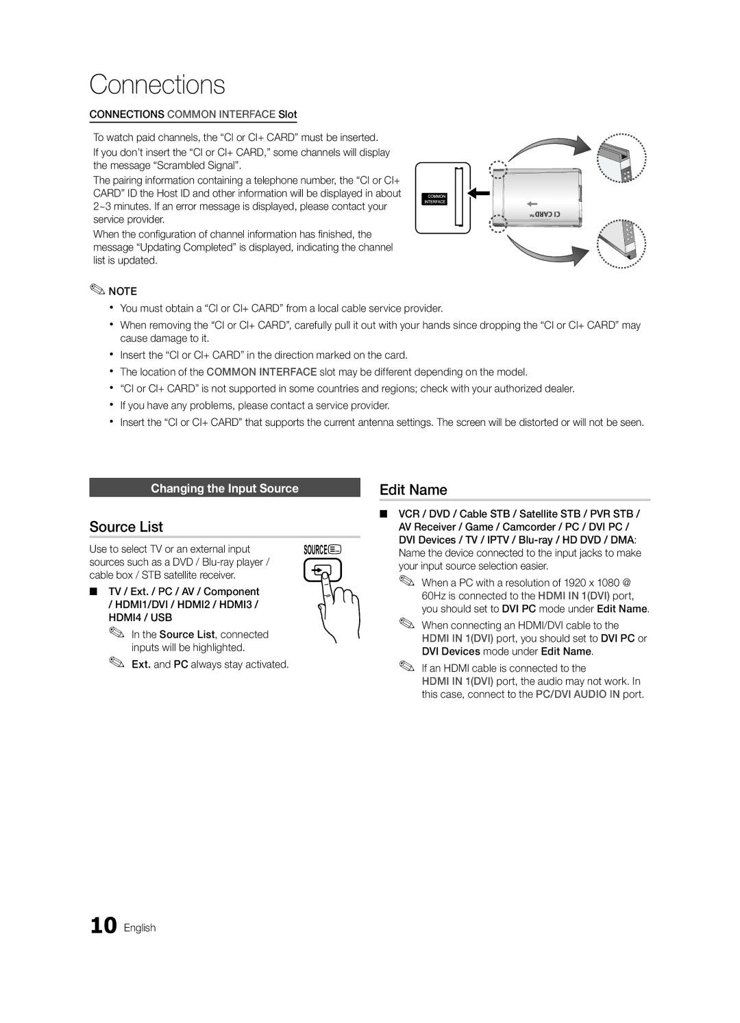 Samsung UE46C6540SWXRU manual Source List, Edit Name, Changing the Input Source, Use to select TV or an external input 