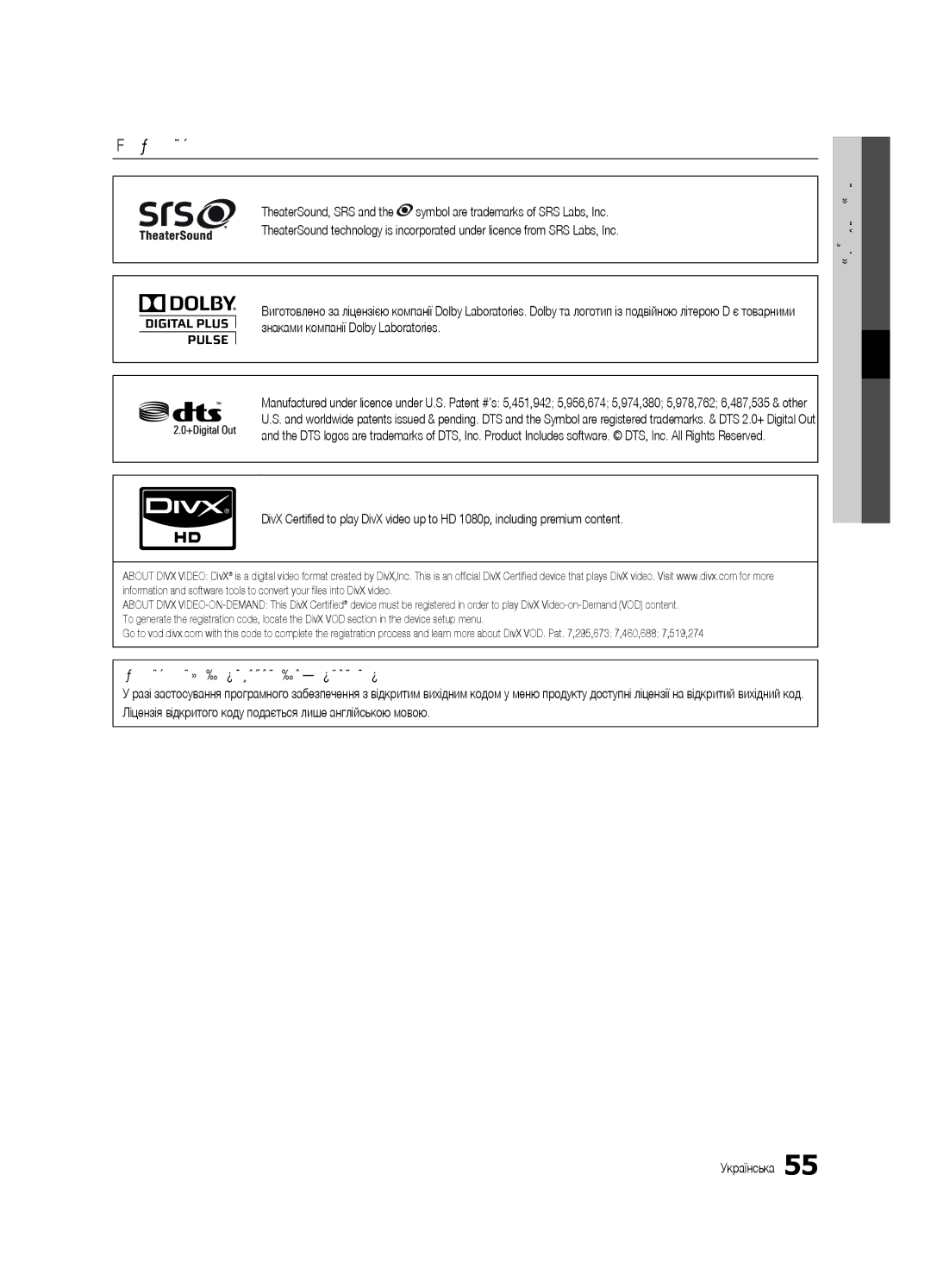 Samsung UE32C6540SWXRU, UE37C6540SWXRU, UE40C6540SWXRU, UE40C6510UWXRU, UE46C6540SWXRU, UE32C6510UWXRU manual Ліцензія 