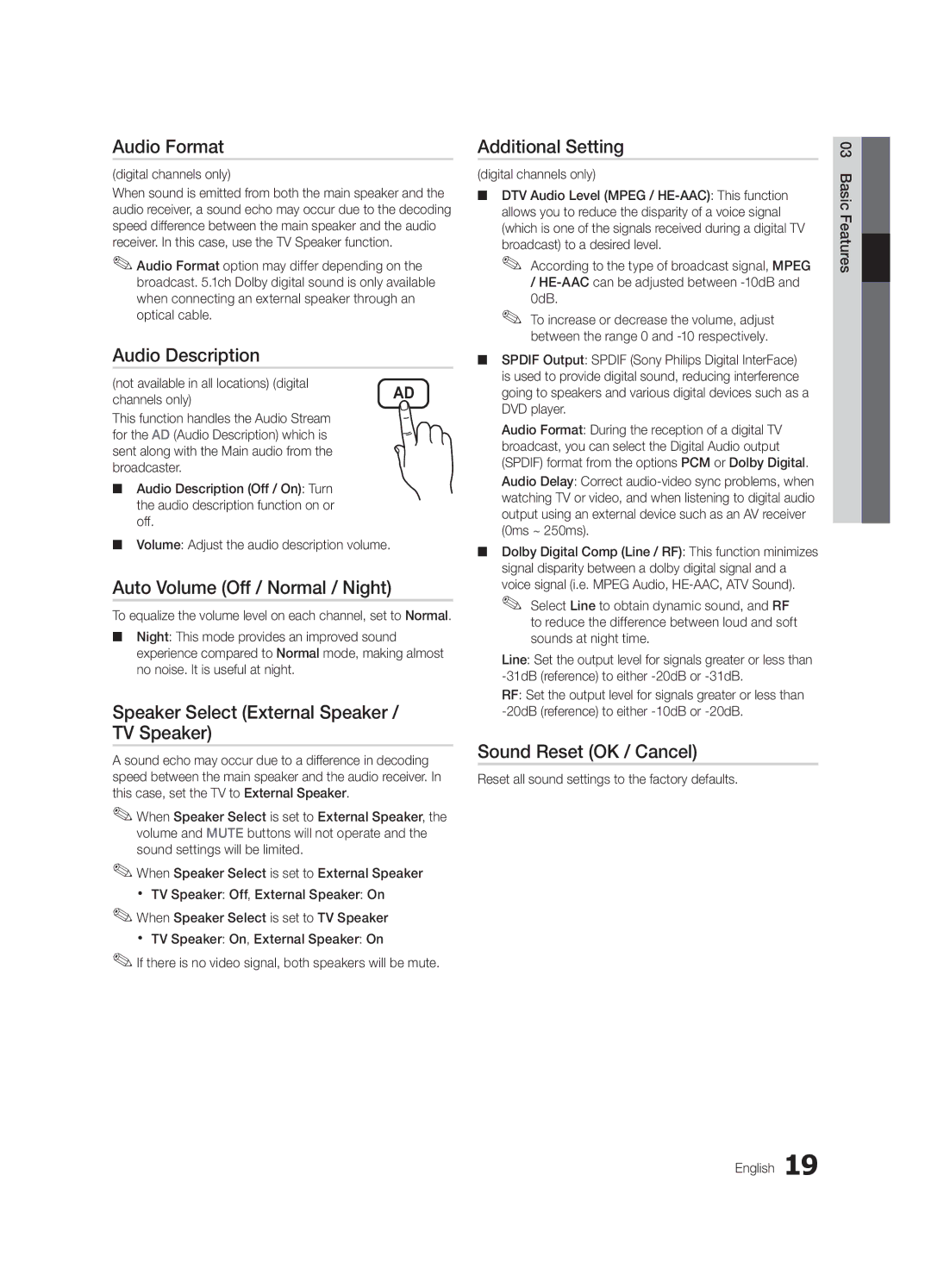 Samsung UE40C6540SWXRU manual Audio Format, Audio Description, Auto Volume Off / Normal / Night, Additional Setting 