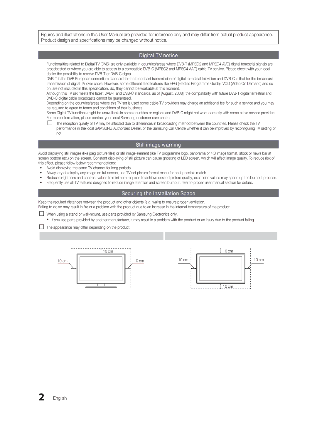 Samsung UE40C6510UWXRU, UE37C6540SWXRU, UE40C6540SWXRU, UE32C6540SWXRU manual Installation with a wall-mount, English, 10 cm 