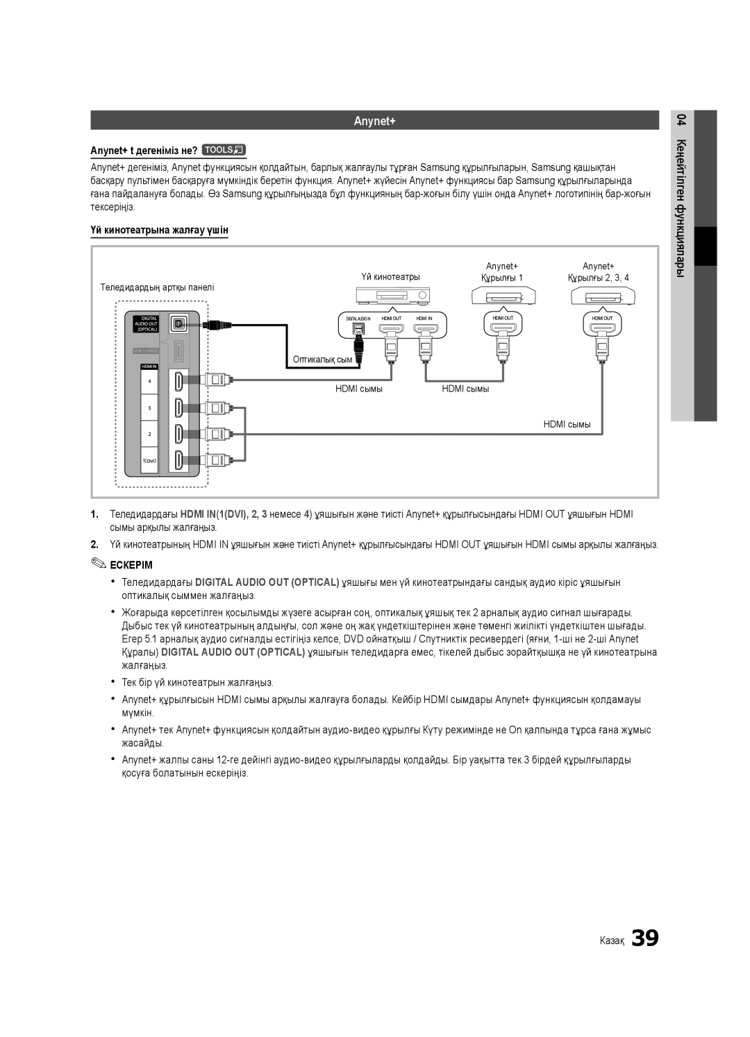 Samsung UE32C6540SWXRU manual Anynet+ t дегеніміз не? t, Үй кинотеатрына жалғау үшін, Сымы арқылы жалғаңыз, Hdmi сымы 