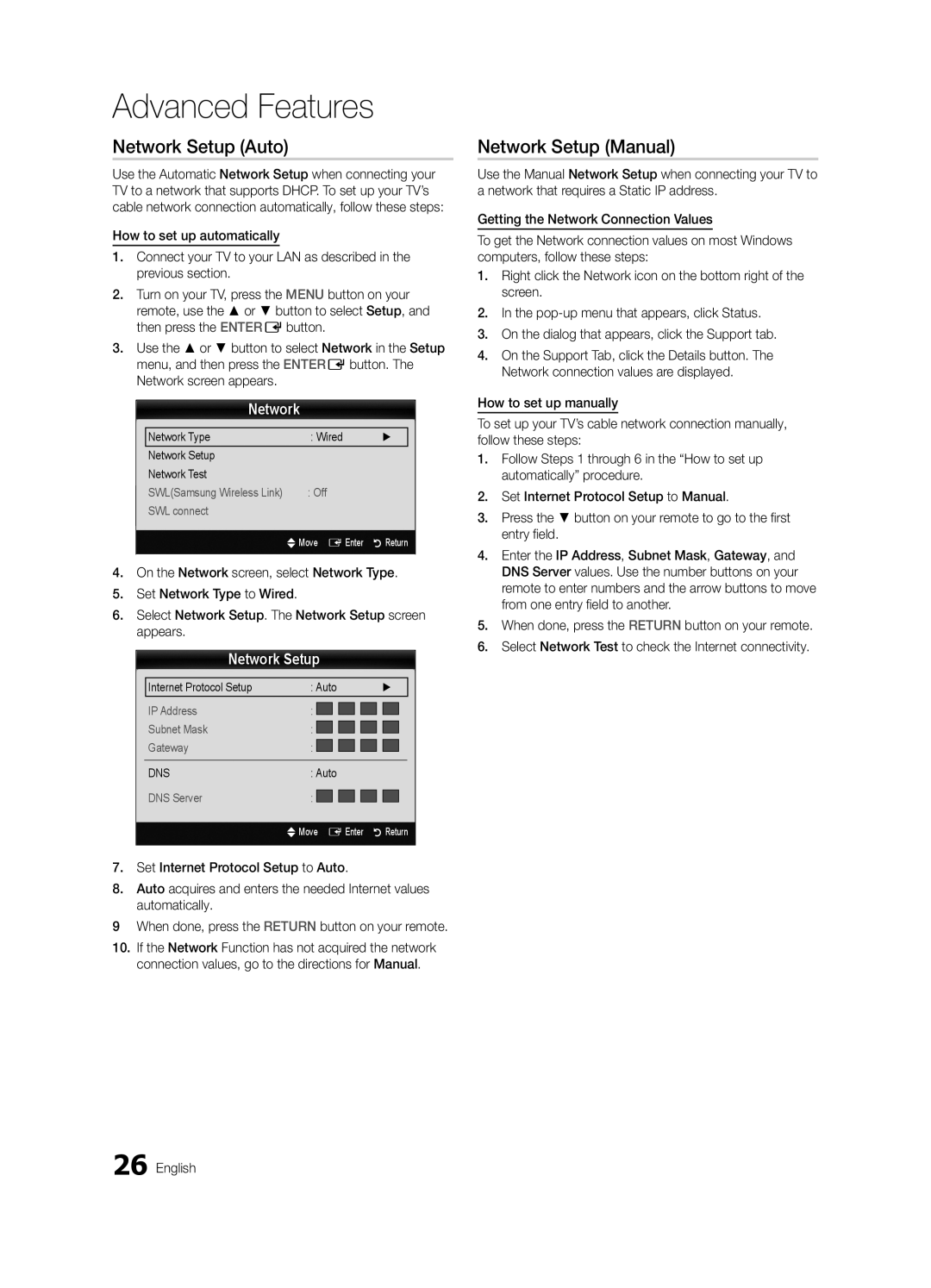 Samsung UE40C6510UWXRU manual Network Setup Auto, Network Setup Manual, Network Type Wired Network Setup Network Test 