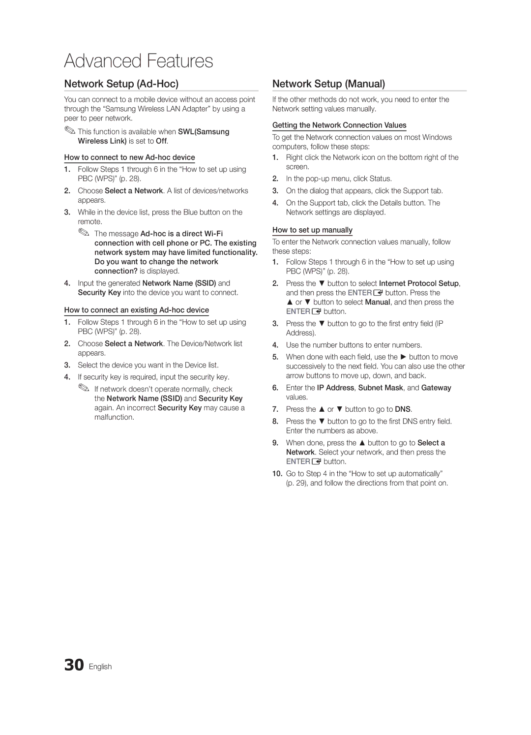 Samsung UE37C6540SWXRU, UE40C6540SWXRU, UE40C6510UWXRU, UE32C6540SWXRU manual Network Setup Ad-Hoc, Network Setup Manual 