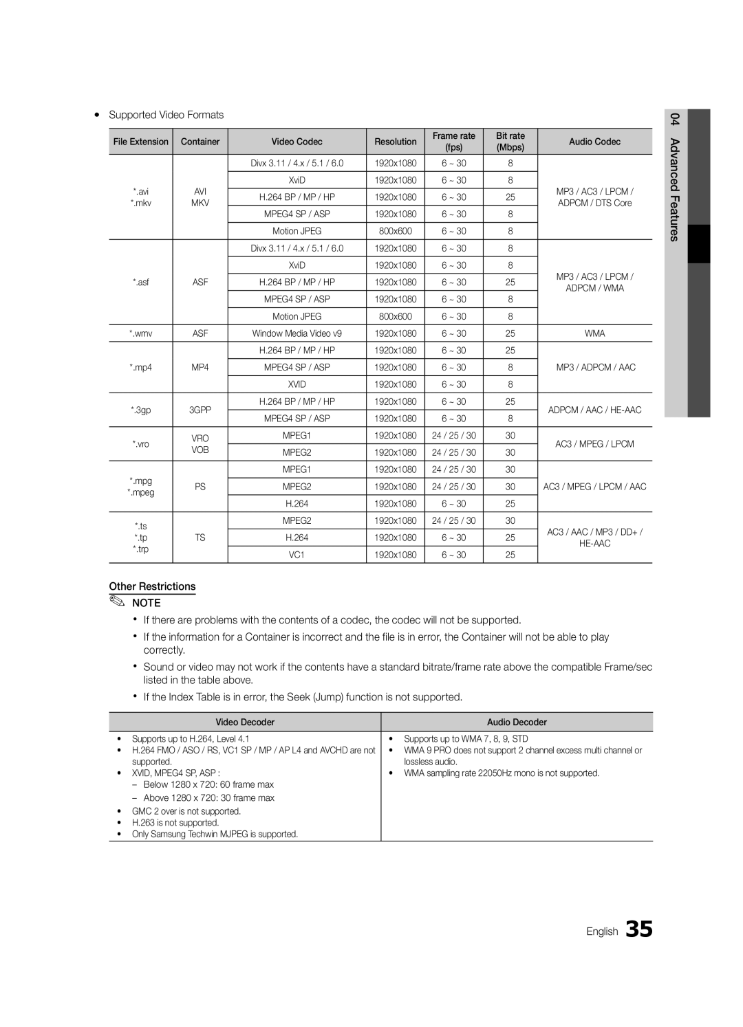 Samsung UE32C6510UWXRU, UE37C6540SWXRU, UE40C6540SWXRU, UE40C6510UWXRU, UE32C6540SWXRU manual Yy Supported Video Formats 