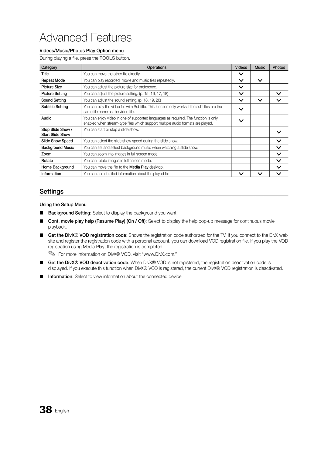 Samsung UE40C6510UWXRU, UE37C6540SWXRU, UE40C6540SWXRU, UE32C6540SWXRU manual Settings, Same file name as the video file Audio 