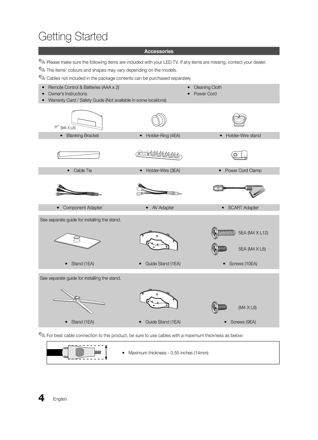 Samsung UE46C6540SWXRU manual Getting Started, Accessories, Yy Blanking Bracket, Yy Cable Tie, Yy Component Adapter 