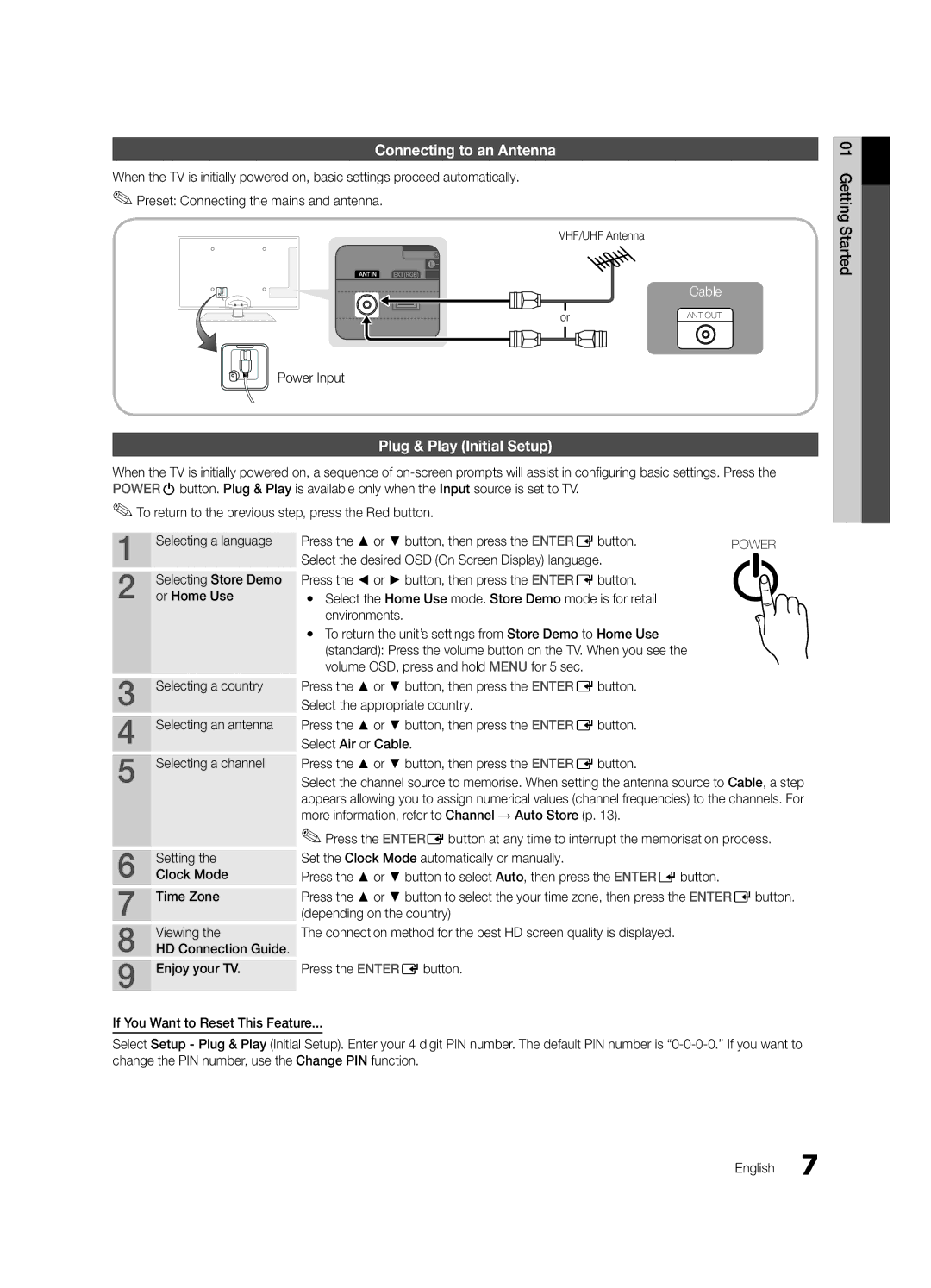 Samsung UE40C6540SWXRU, UE37C6540SWXRU, UE40C6510UWXRU, UE32C6540SWXRU Connecting to an Antenna, Plug & Play Initial Setup 