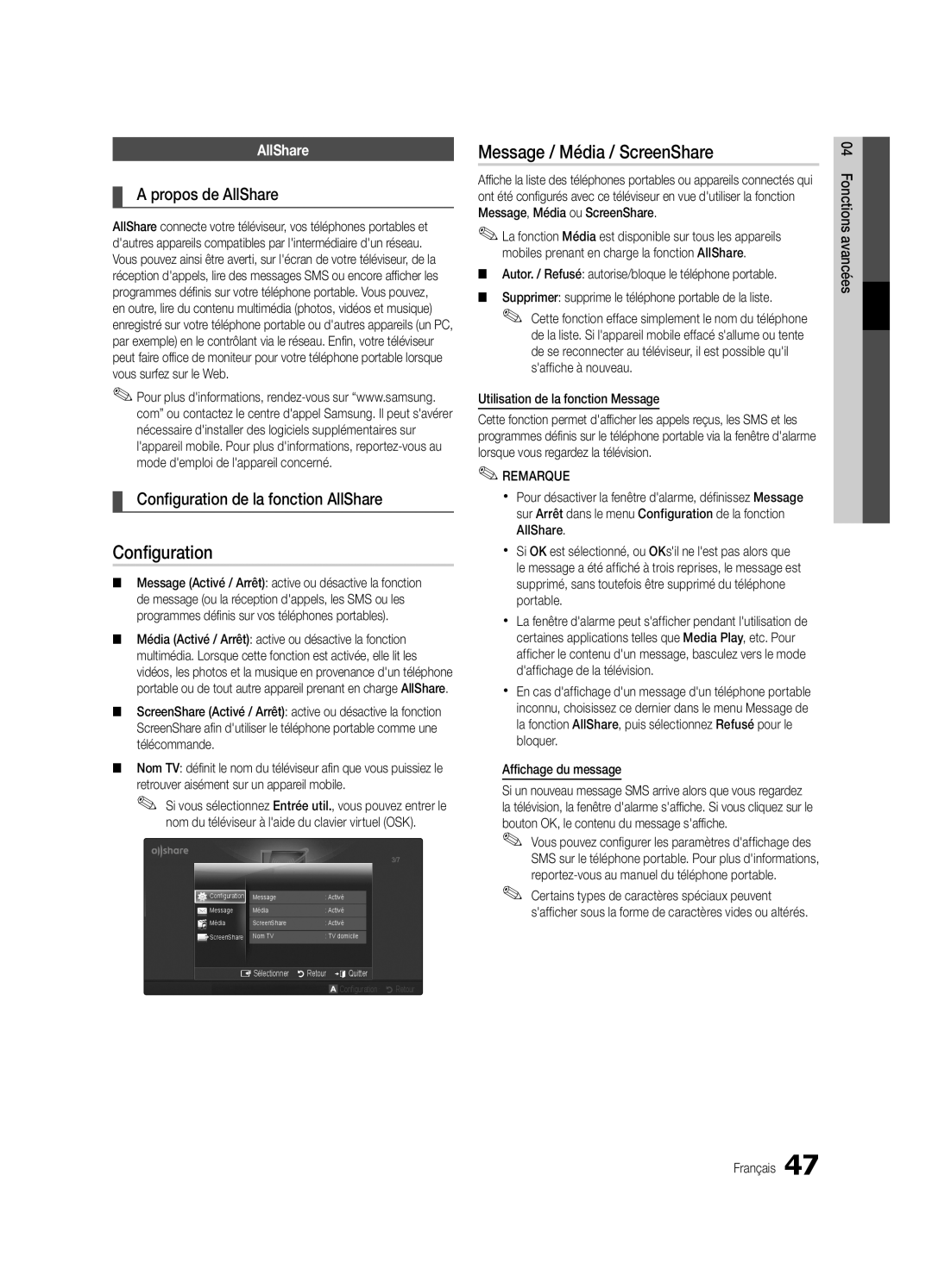 Samsung UE32C6540SWXXC manual Message / Média / ScreenShare, Propos de AllShare, Configuration de la fonction AllShare 