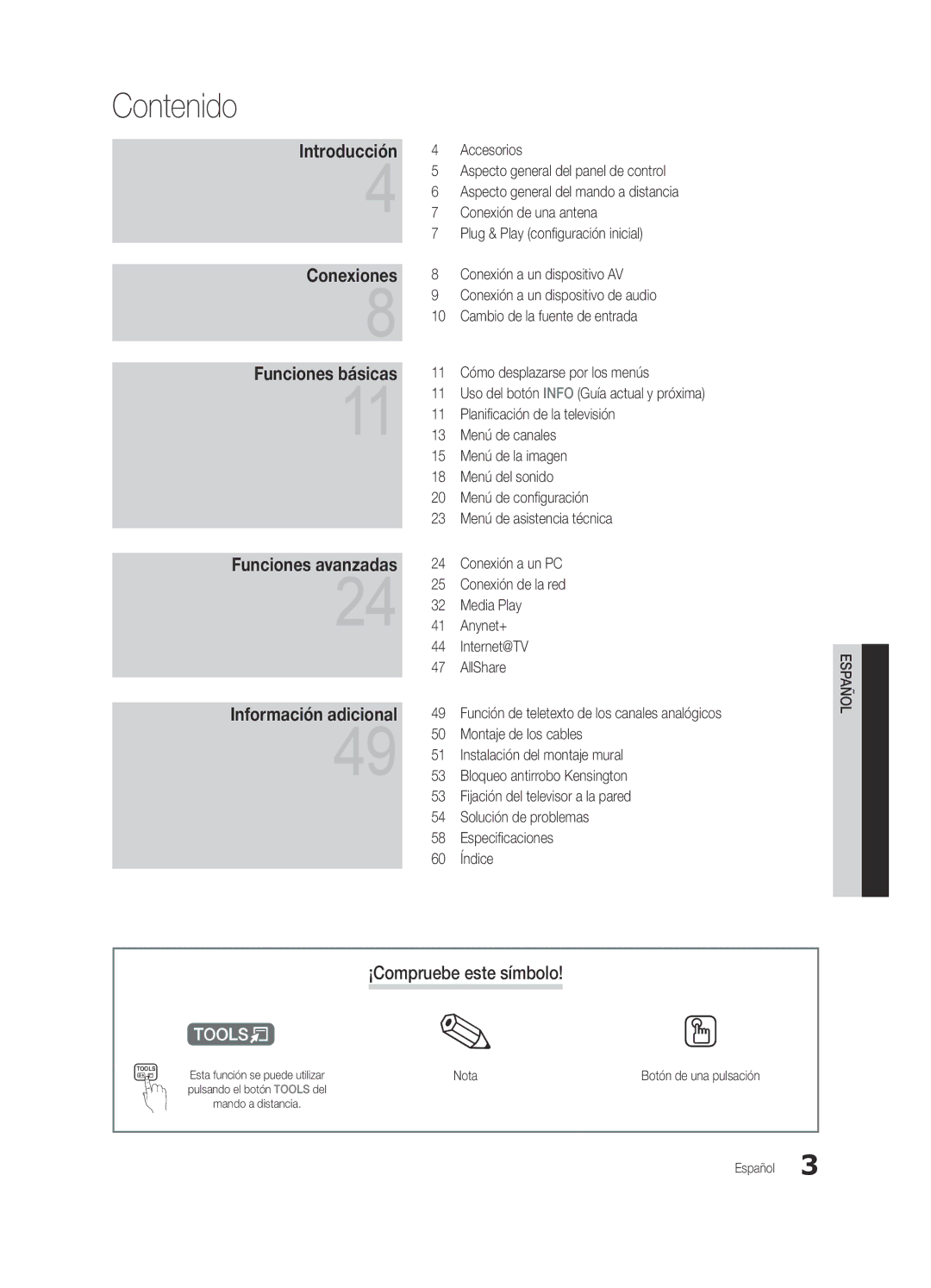 Samsung UE40C6620UWXXH, UE37C6600UWXXC, UE32C6600UWXXH, UE46C6600UWXXC manual Contenido, ¡Compruebe este símbolo, Nota 