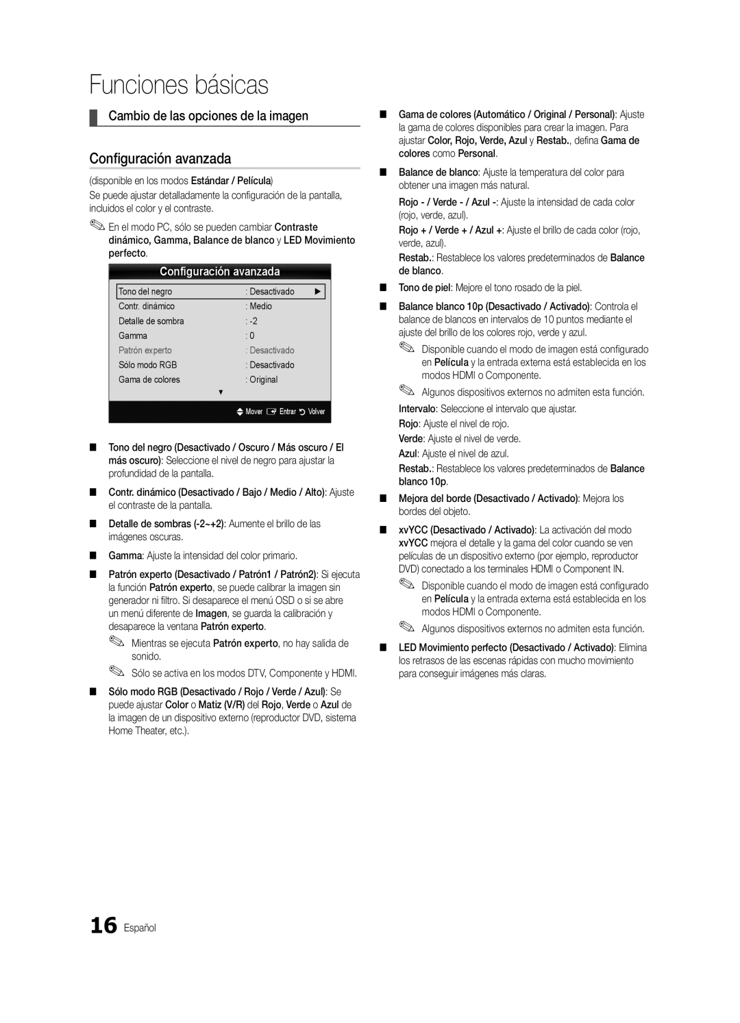 Samsung UE40C6600UWXXH, UE37C6600UWXXC, UE32C6600UWXXH manual Configuración avanzada, Cambio de las opciones de la imagen 