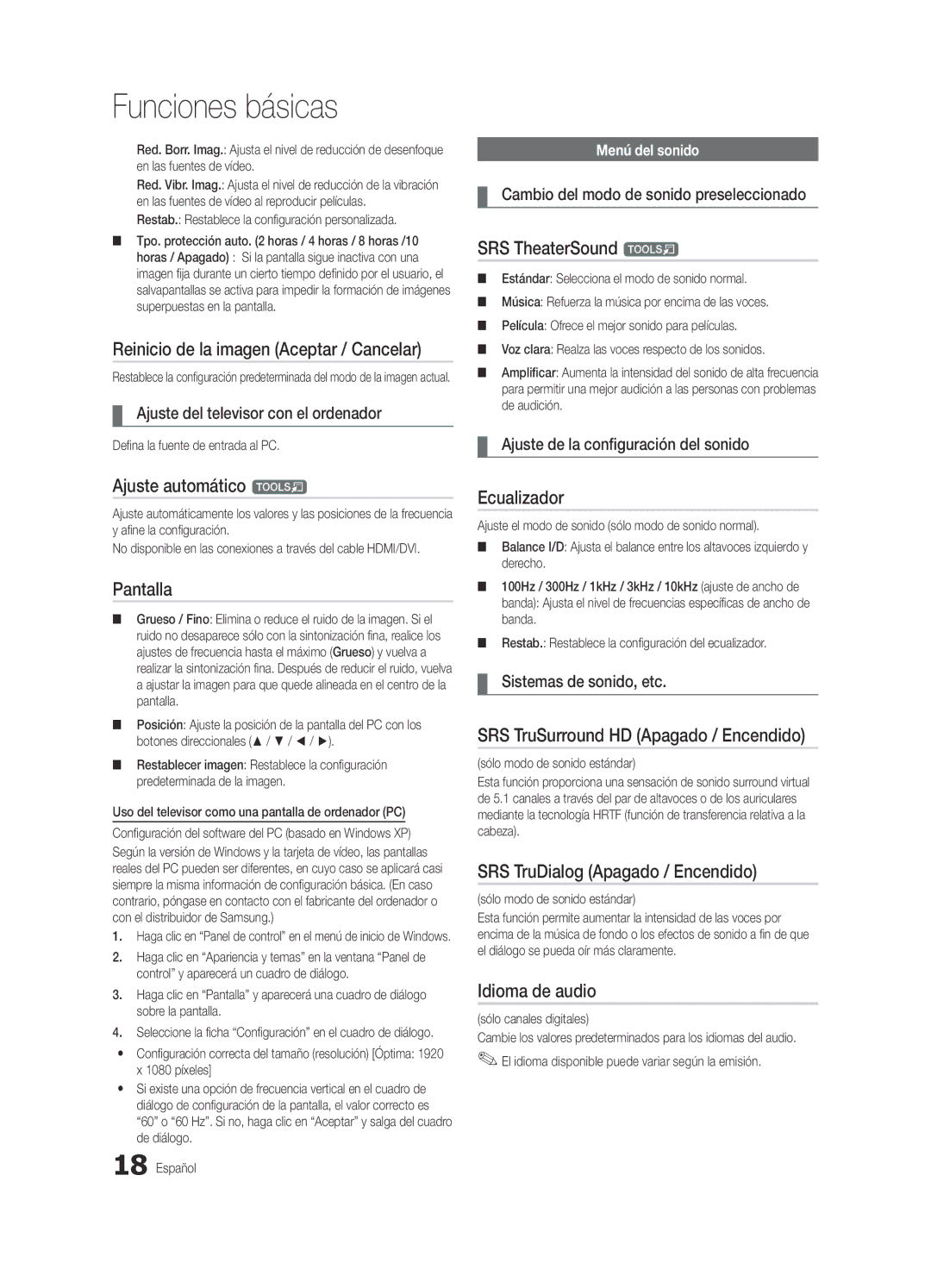 Samsung UE46C6600UWXXH manual Reinicio de la imagen Aceptar / Cancelar, Ajuste automático t, Pantalla, Ecualizador 