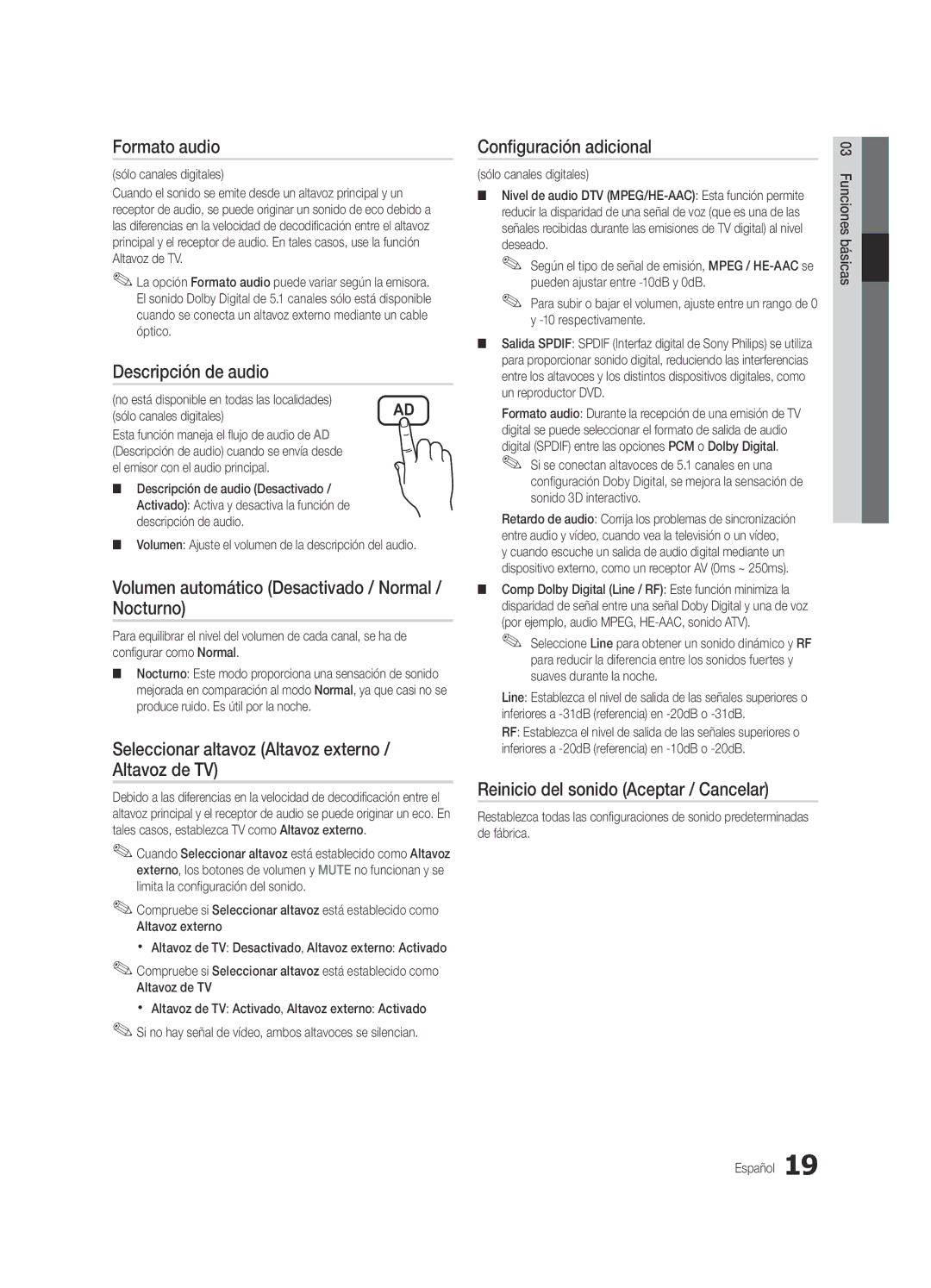 Samsung UE37C6600UWXXH manual Formato audio, Descripción de audio, Volumen automático Desactivado / Normal / Nocturno 