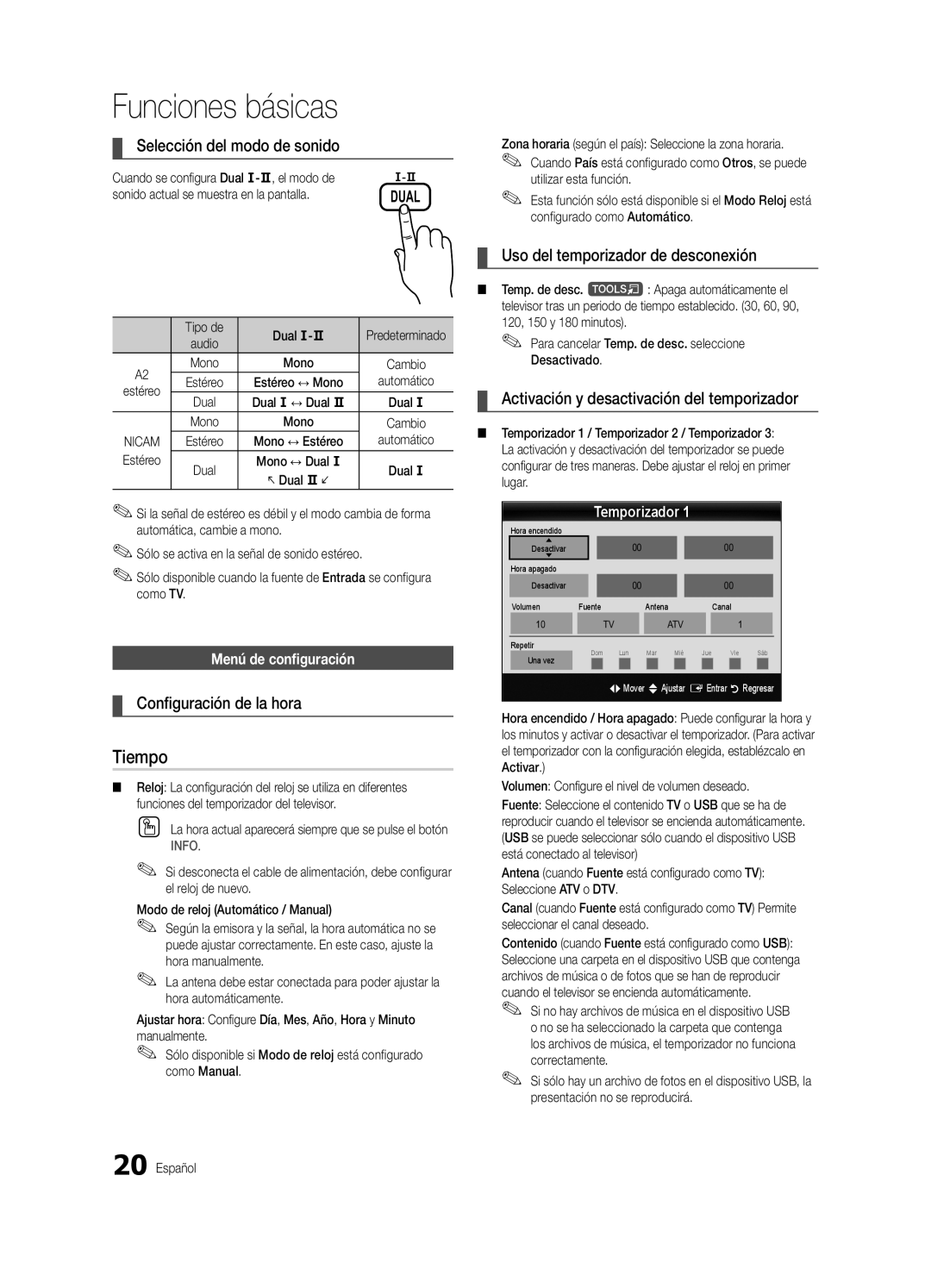 Samsung UE32C6620UWXXH Tiempo, Selección del modo de sonido, Configuración de la hora, Uso del temporizador de desconexión 