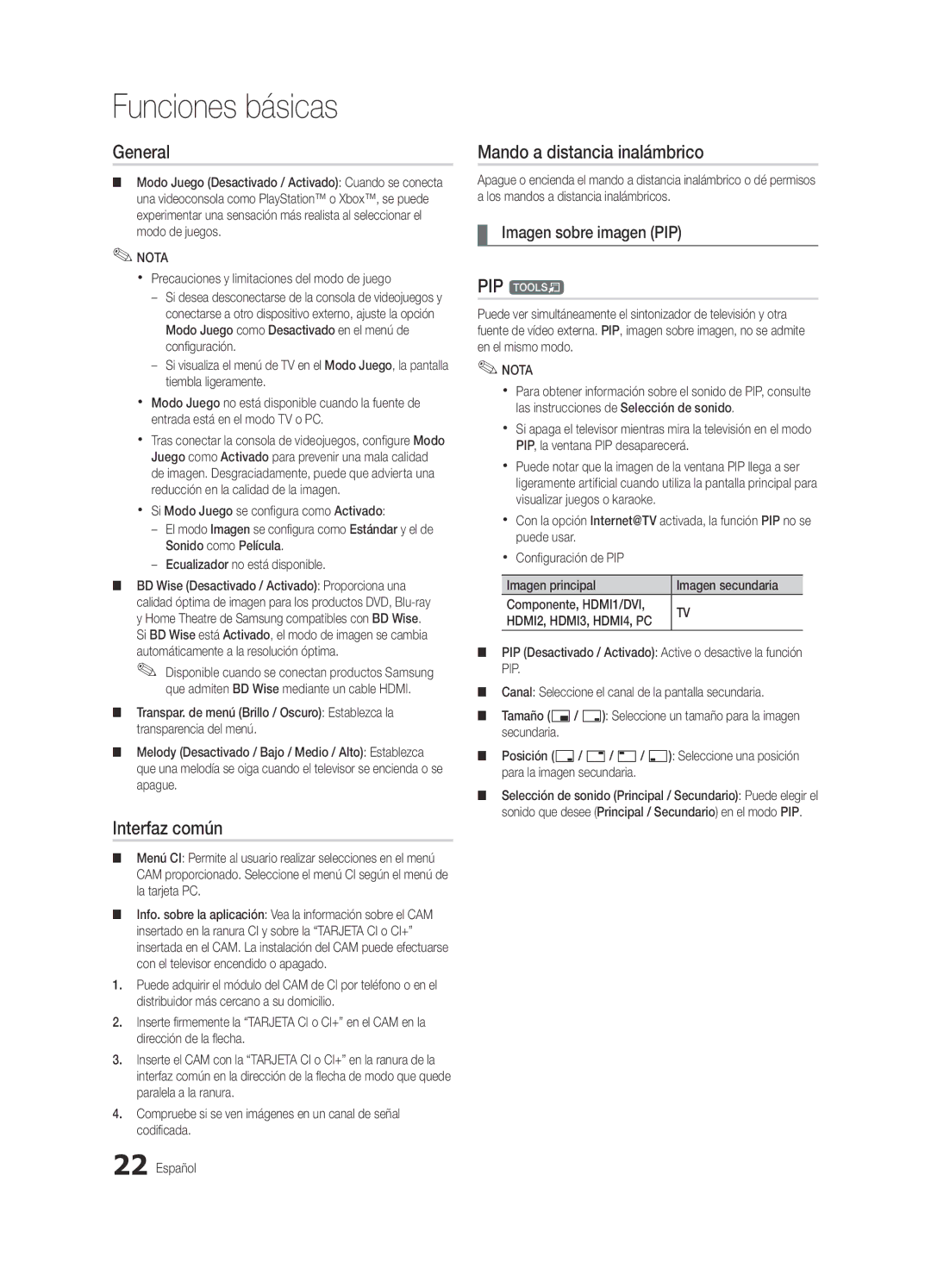 Samsung UE46C6620UWXXH, UE37C6600UWXXC manual Interfaz común, Mando a distancia inalámbrico, Imagen sobre imagen PIP 