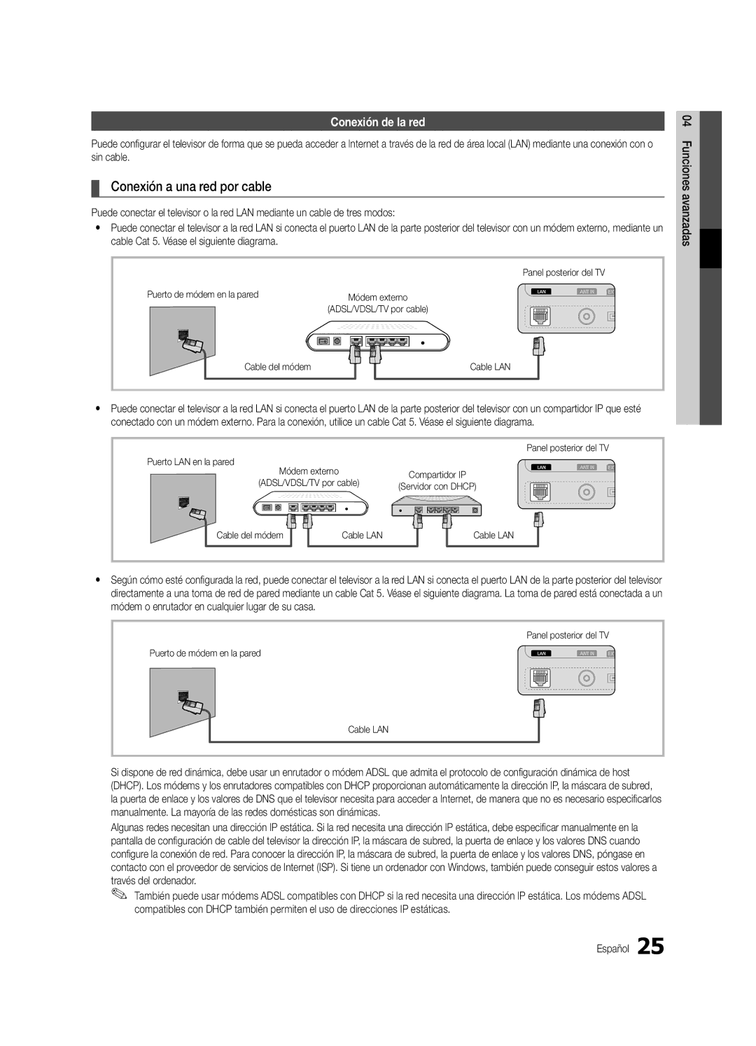 Samsung UE32C6600UWXXH, UE37C6600UWXXC manual Conexión a una red por cable, Conexión de la red, Puerto de módem en la pared 