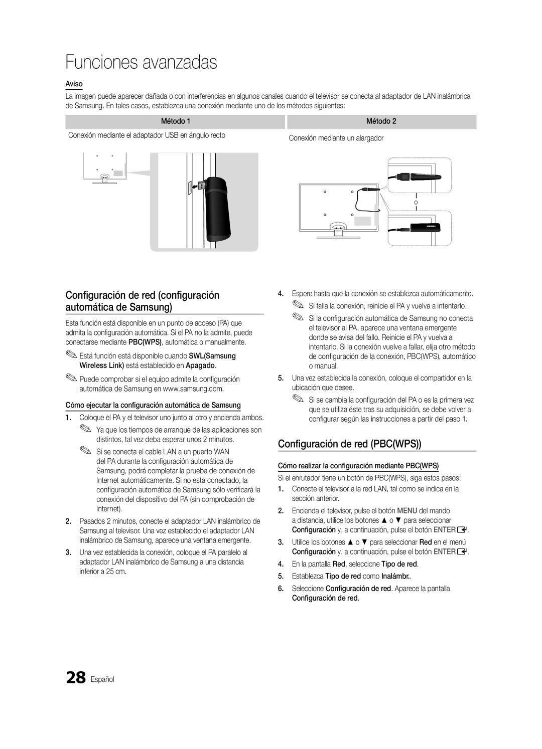 Samsung UE32C6600UWXXC manual Configuración de red Pbcwps, Configuración de red configuración automática de Samsung, Aviso 