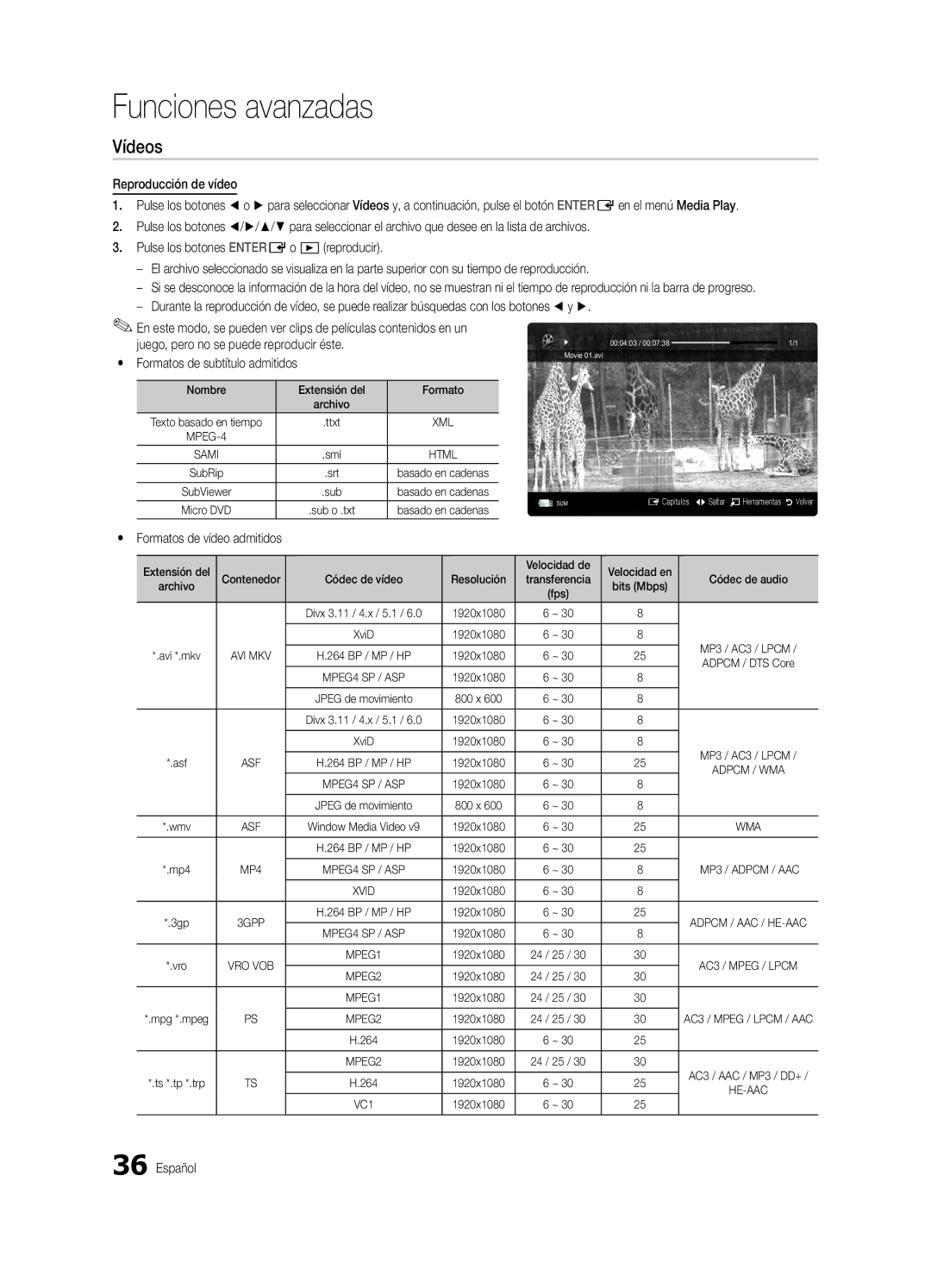 Samsung UE46C6600UWXXH, UE37C6600UWXXC, UE32C6600UWXXH Vídeos, Yy Formatos de vídeo admitidos, Nombre Extensión del Formato 