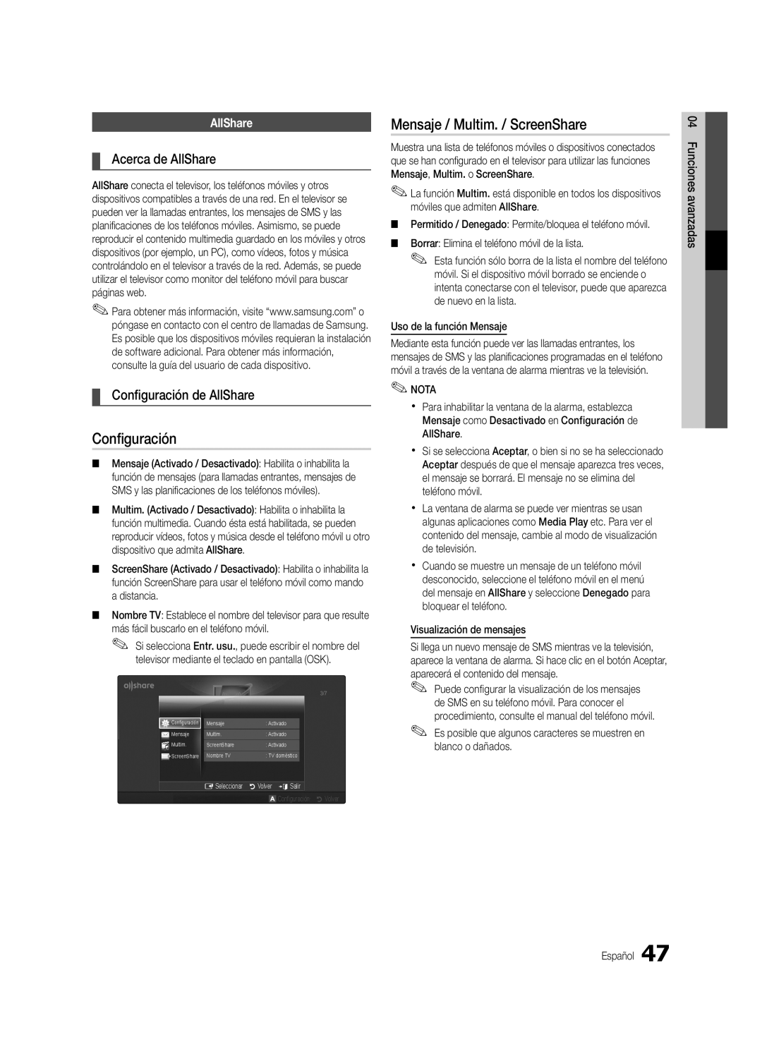 Samsung UE37C6620UWXXC, UE37C6600UWXXC Mensaje / Multim. / ScreenShare, Acerca de AllShare, Configuración de AllShare 